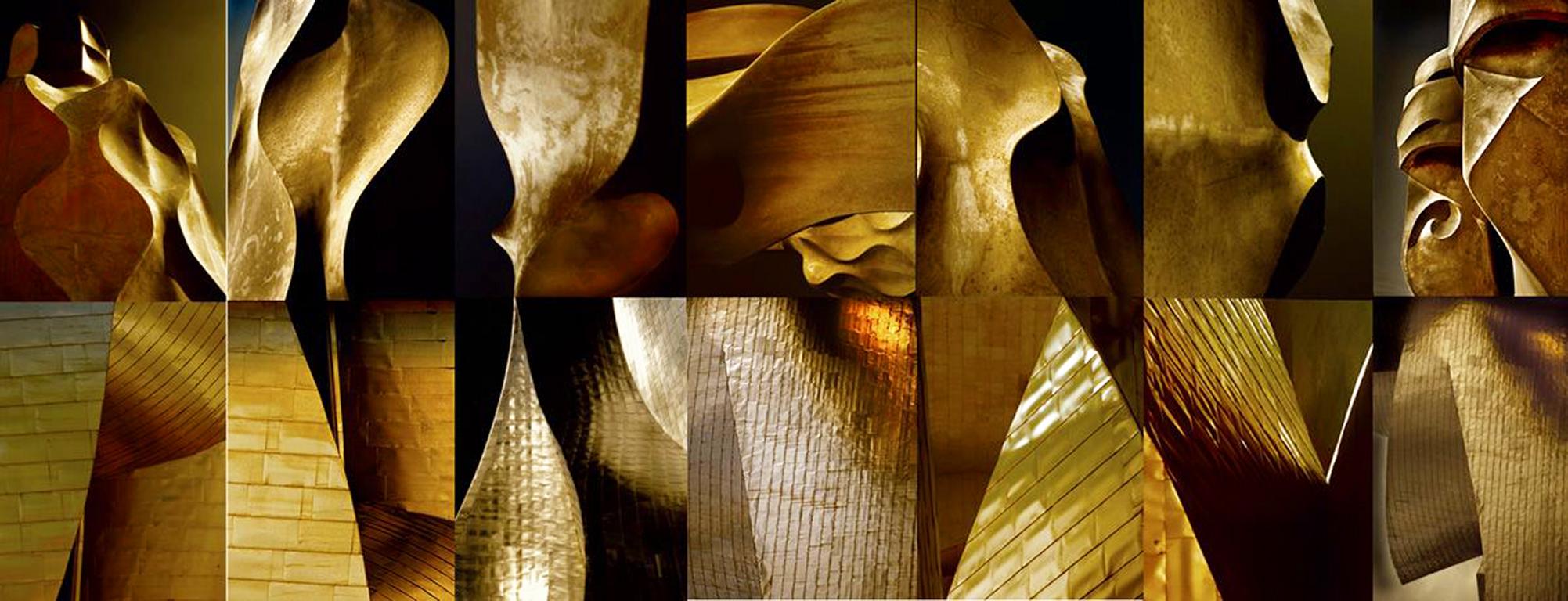 Joe Aker Abstract Photograph - Spanish Symmetry - Large gold & tan texture abstract 18-panel installation