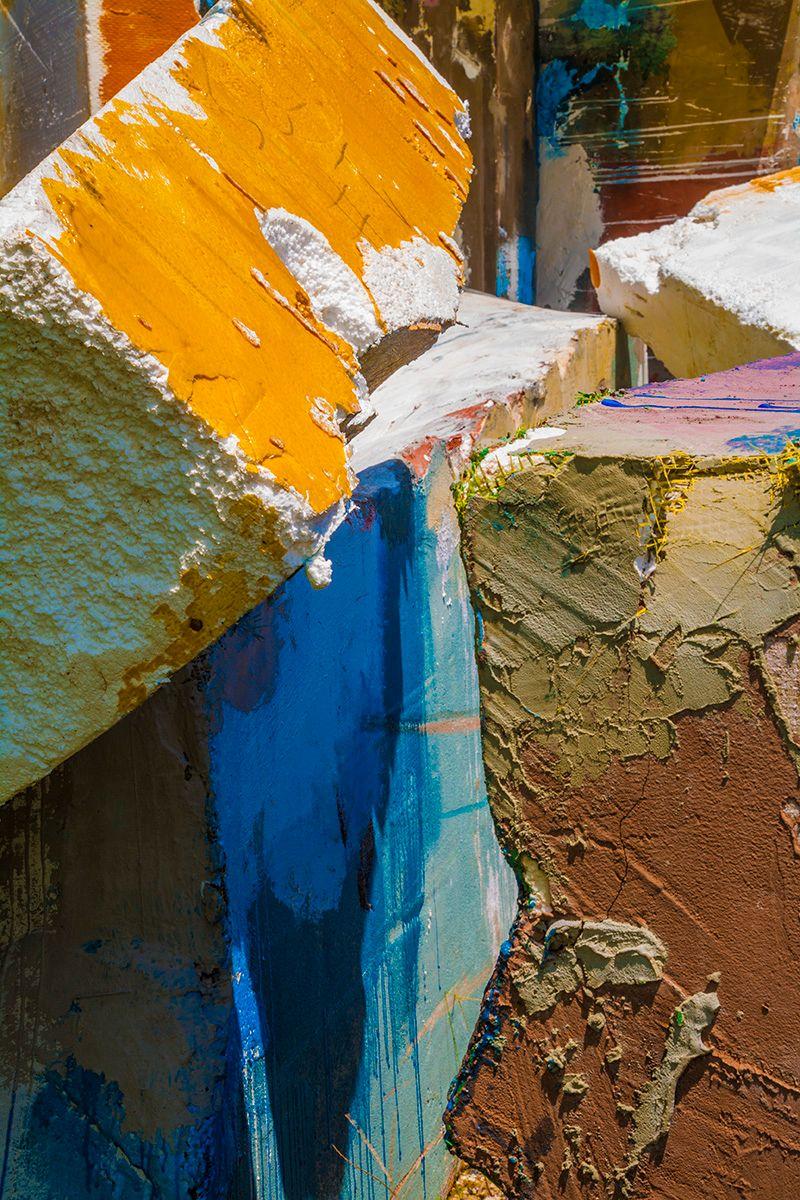 Joe Aker Color Photograph - Textured Forms - Yellow, blue & brown paint texture detail UV cured ink on metal