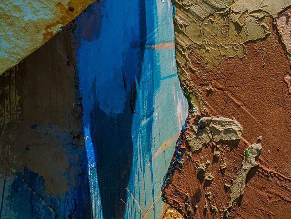 Textured Forms - Yellow, blue & brown paint texture detail UV cured ink on metal - Contemporary Photograph by Joe Aker