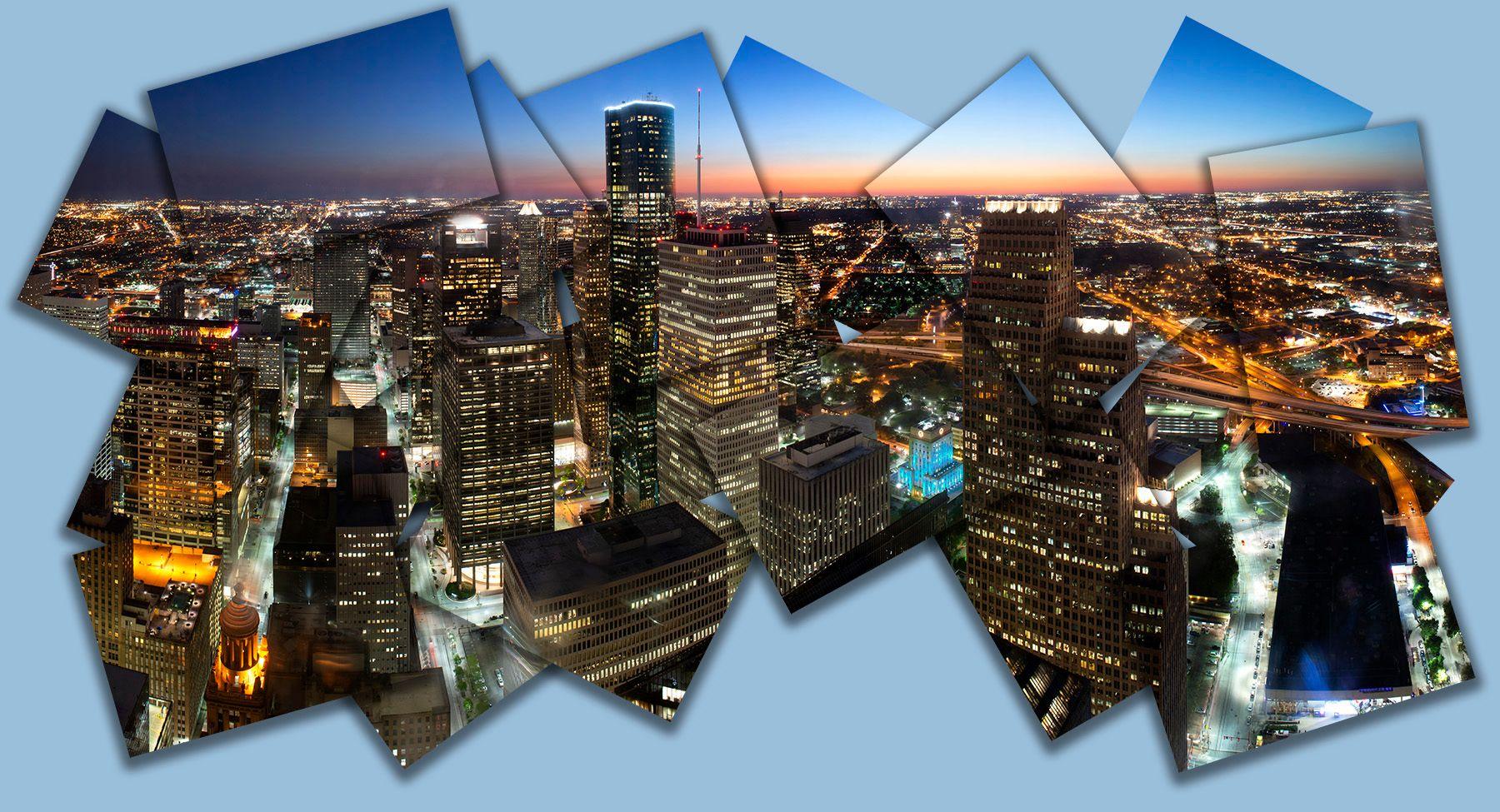 Joe Aker Color Photograph - City Lights - Downtown Houston skyscraper sunset light cityscape collage form