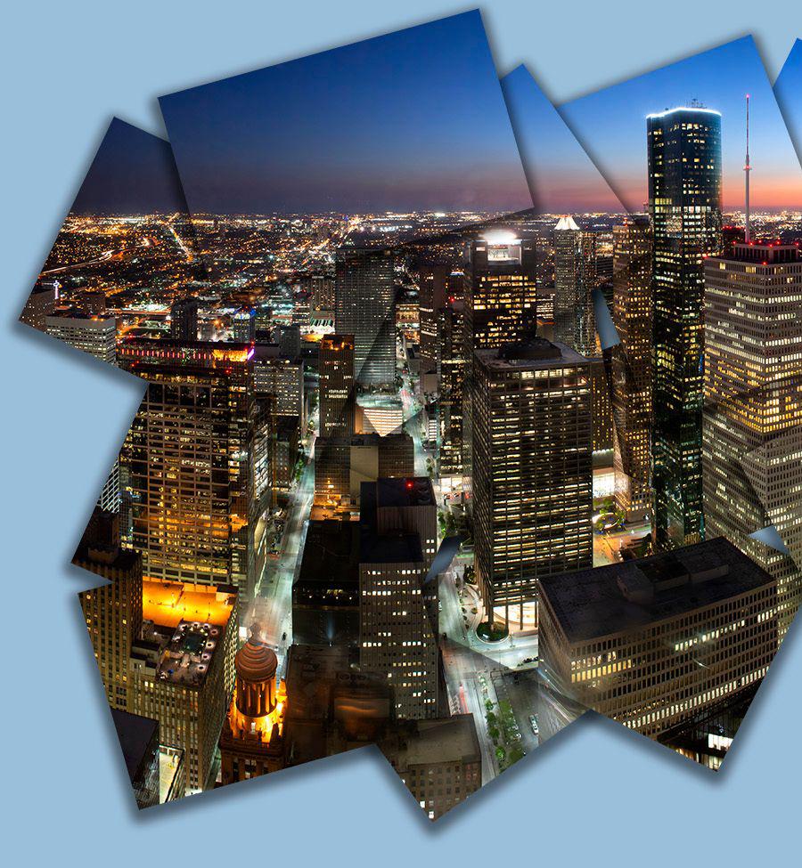 City Lights - Downtown Houston skyscraper sunset light cityscape collage form - Photograph by Joe Aker