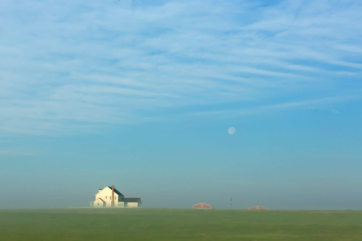 Fikry Botros Landscape Photograph - A Texas Sunrise - Rural farm landscape and sky with white house, red barn & moon