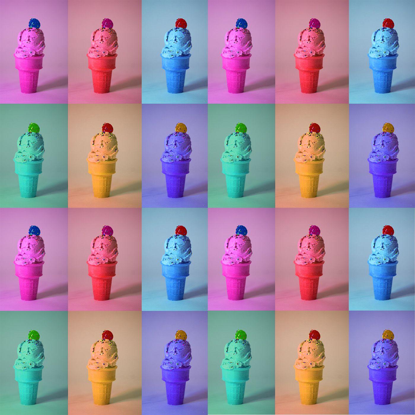 Julia McLaurin Landscape Photograph - 24 Cones - Rainbow sprinkles ice cream cone w/ cherries, pop collage