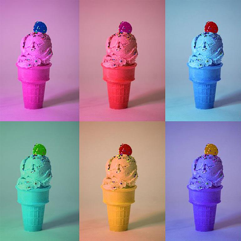24 Cones - Rainbow sprinkles ice cream cone w/ cherries, pop collage - Photograph by Julia McLaurin