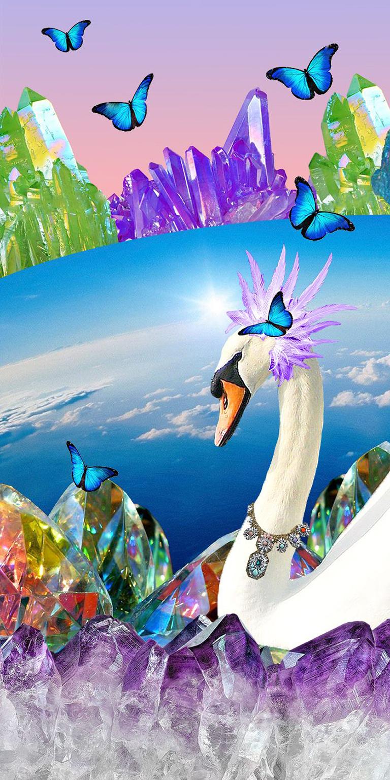 Swan - Jewel tone pop art swan digital collage w/ butterflies & amethyst geodes - Photograph by Julia McLaurin