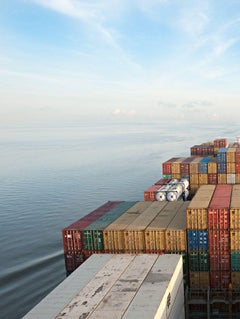 Big Wake, Little Wake - Houston Ship Channel stacked red & yellow cargo load