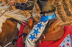 Star Saddle - Red, white & blue saddle and chaps, Texas rodeo rider and horse