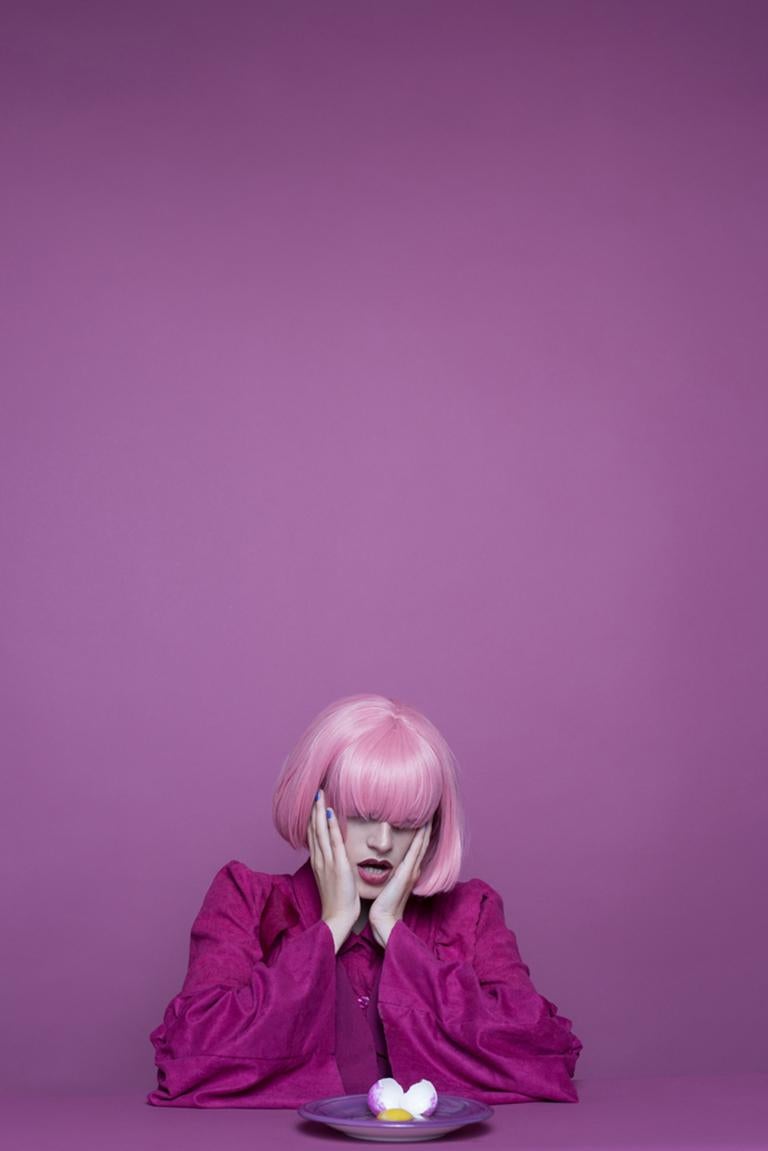 Karen Navarro Abstract Photograph - I am the Egg - Purple & pink abstract self-portrait, broken egg & yolk