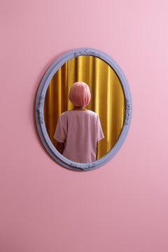 I don't see myself - Abstract pop pink & yellow self-portrait in oval mirror