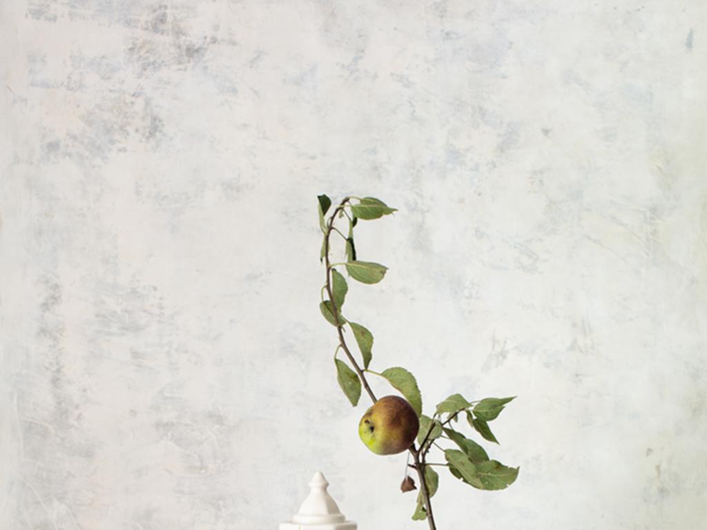 Off White 7 - Still life table tea setting w/ red apple & branch in vase - Photograph by Yelena Strokin