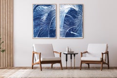 Lush Palm Bushes, Botanical Diptych, Still Life in Blue Tones, Tropical Style
