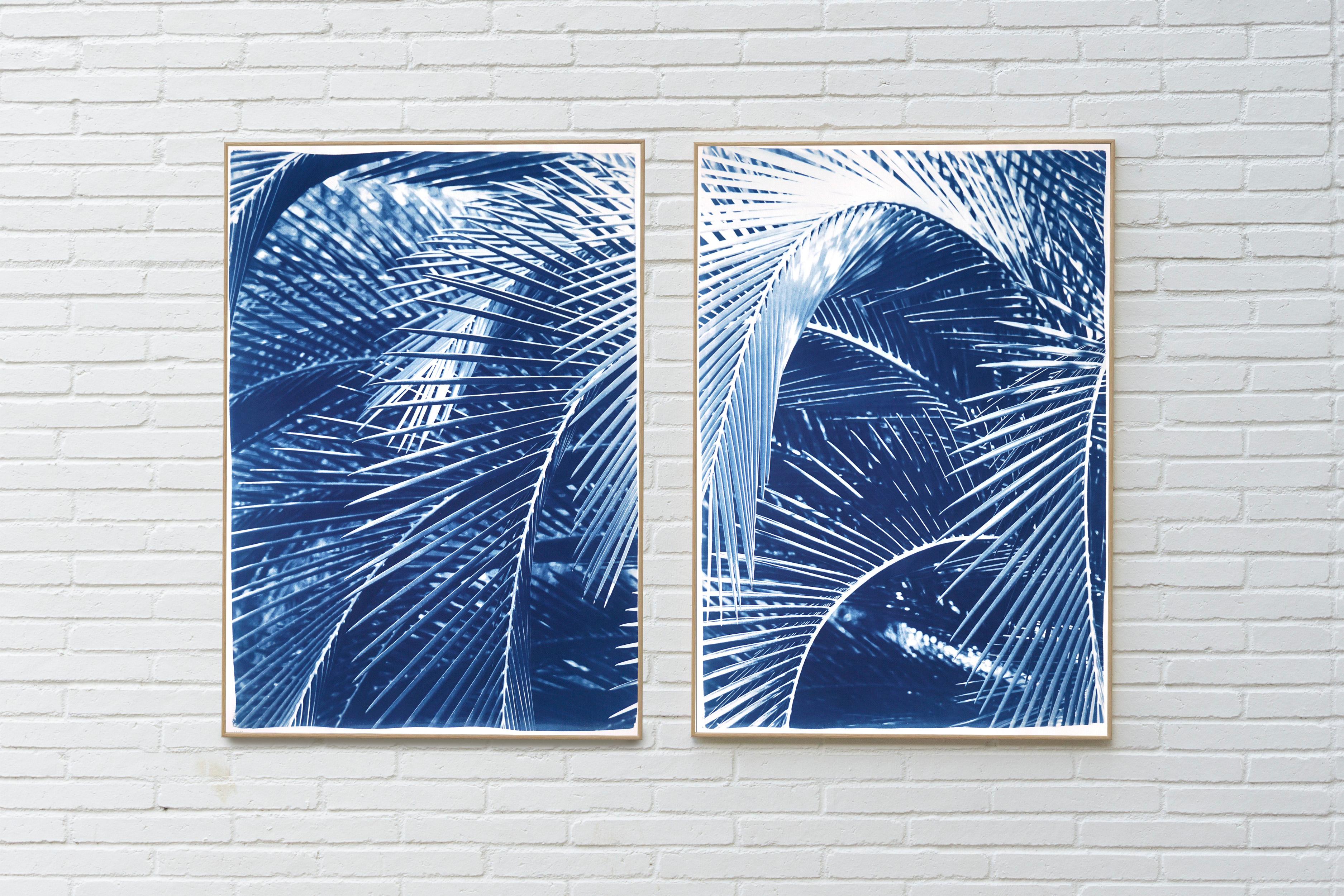 Lush Palm Bushes, Botanical Diptych, Still Life in Blue Tones, Tropical Style For Sale 1