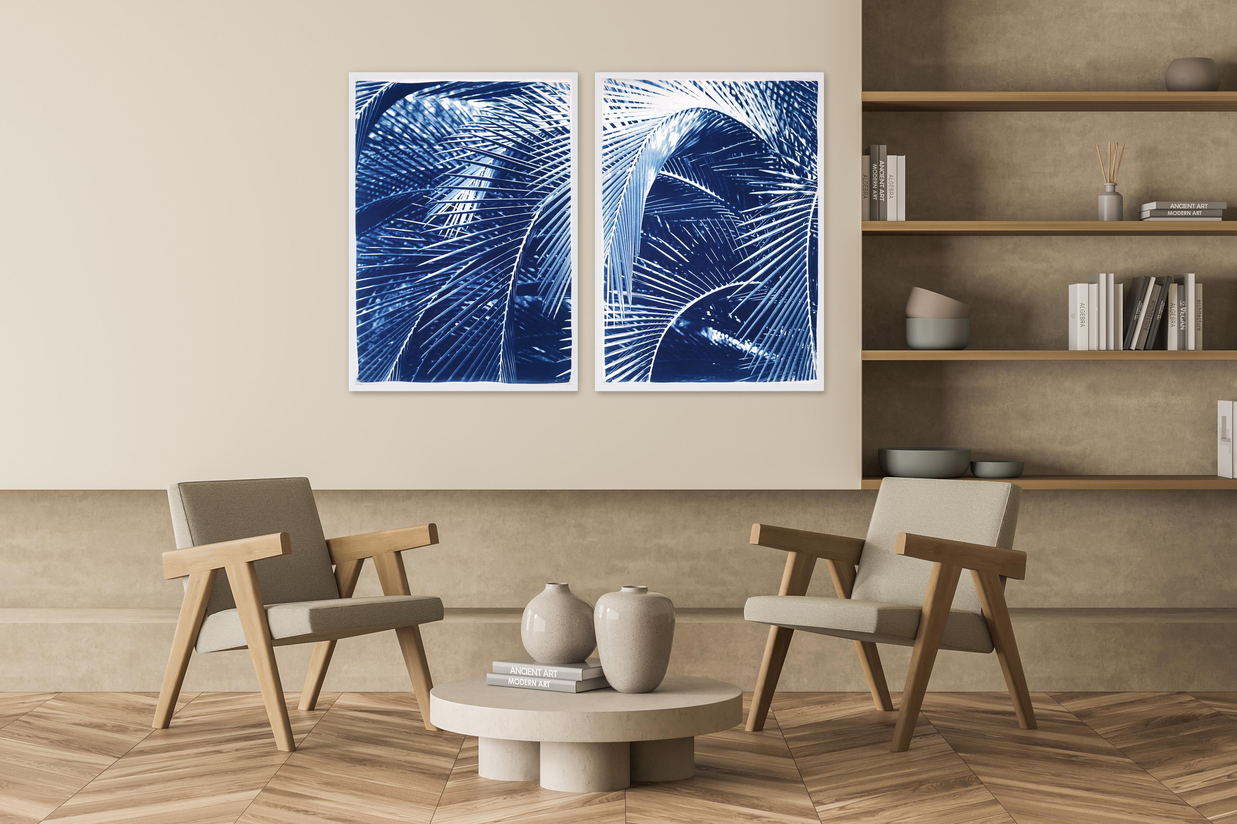 Lush Palm Bushes, Botanical Diptych, Still Life in Blue Tones, Tropical Style For Sale 2