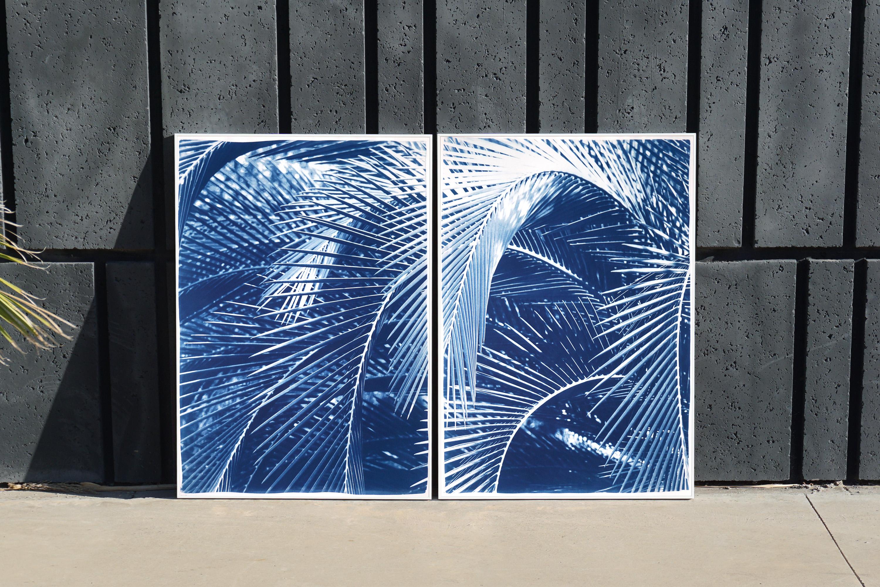 Lush Palm Bushes, Botanical Diptych, Still Life in Blue Tones, Tropical Style For Sale 3