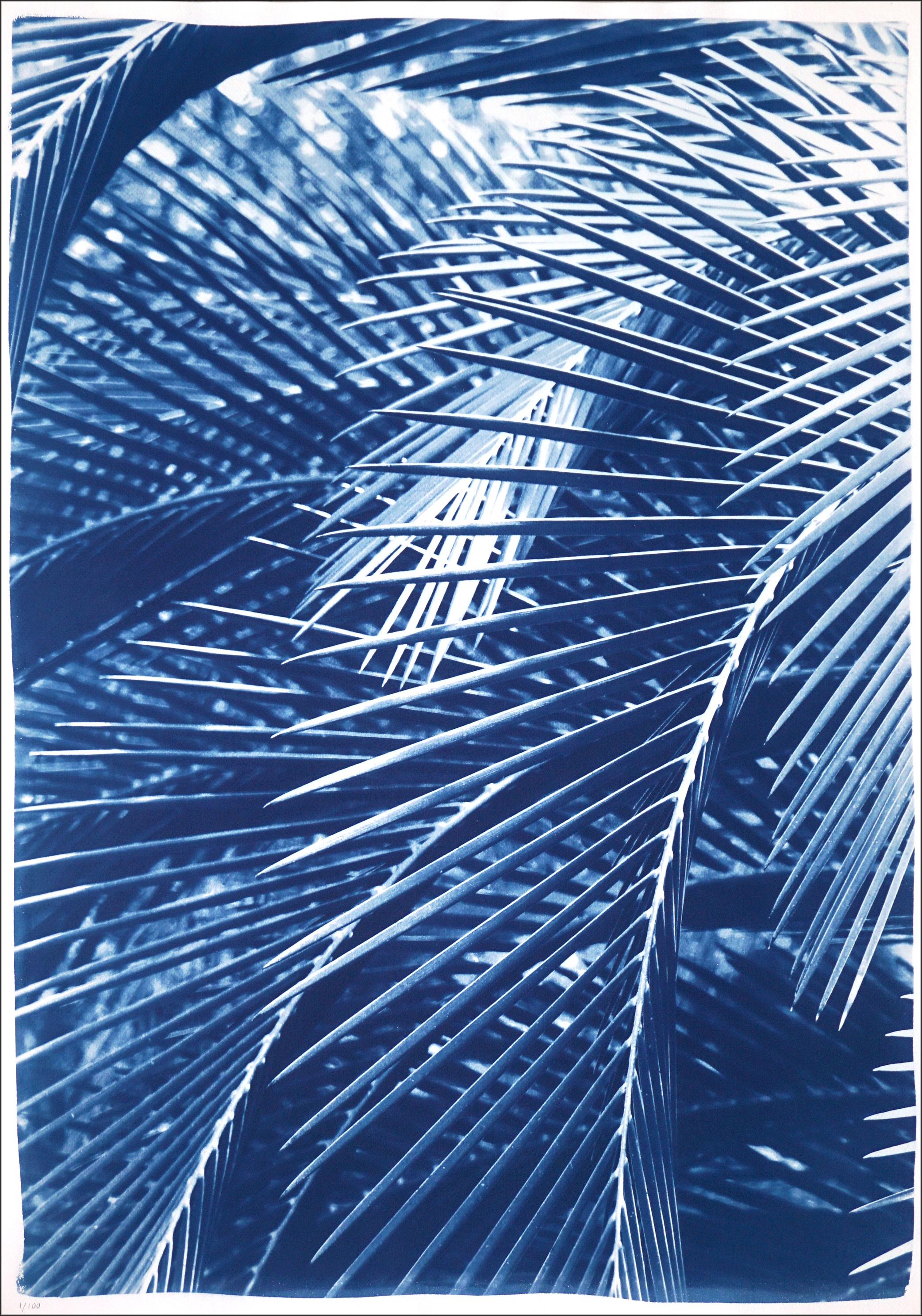 Bushes de palmiers luxuriants, diptyque botanique, nature morte dans des tons bleus, style tropical en vente 3