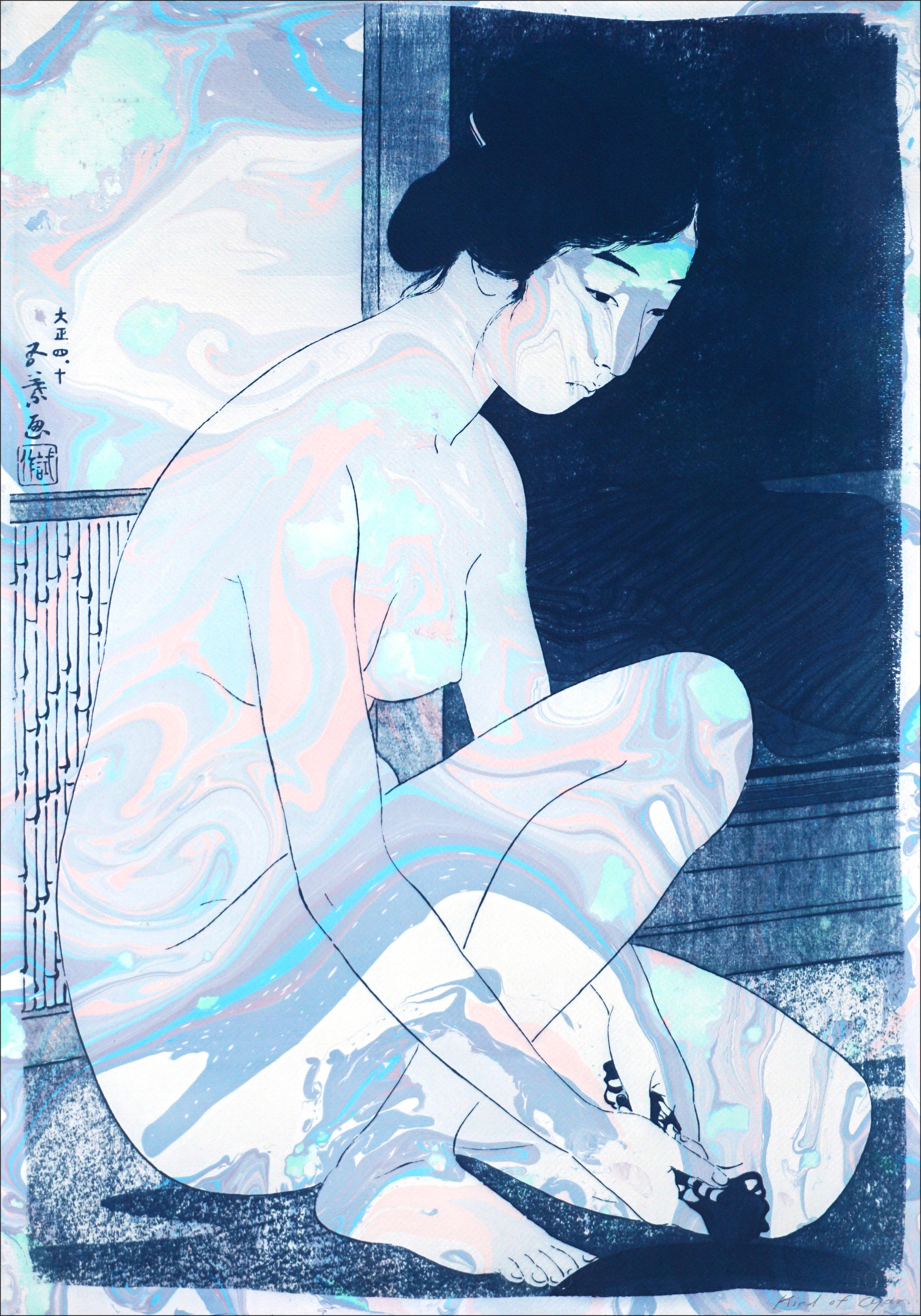 Kind of Cyan Nude - Mixed Media, Ukiyo-e Japanese Geisha with Blue Marbling, Handmade Suminagashi