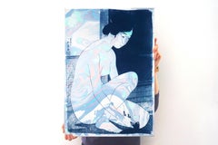 Mixed Media, Ukiyo-e Japanese Geisha with Blue Marbling, Handmade Suminagashi