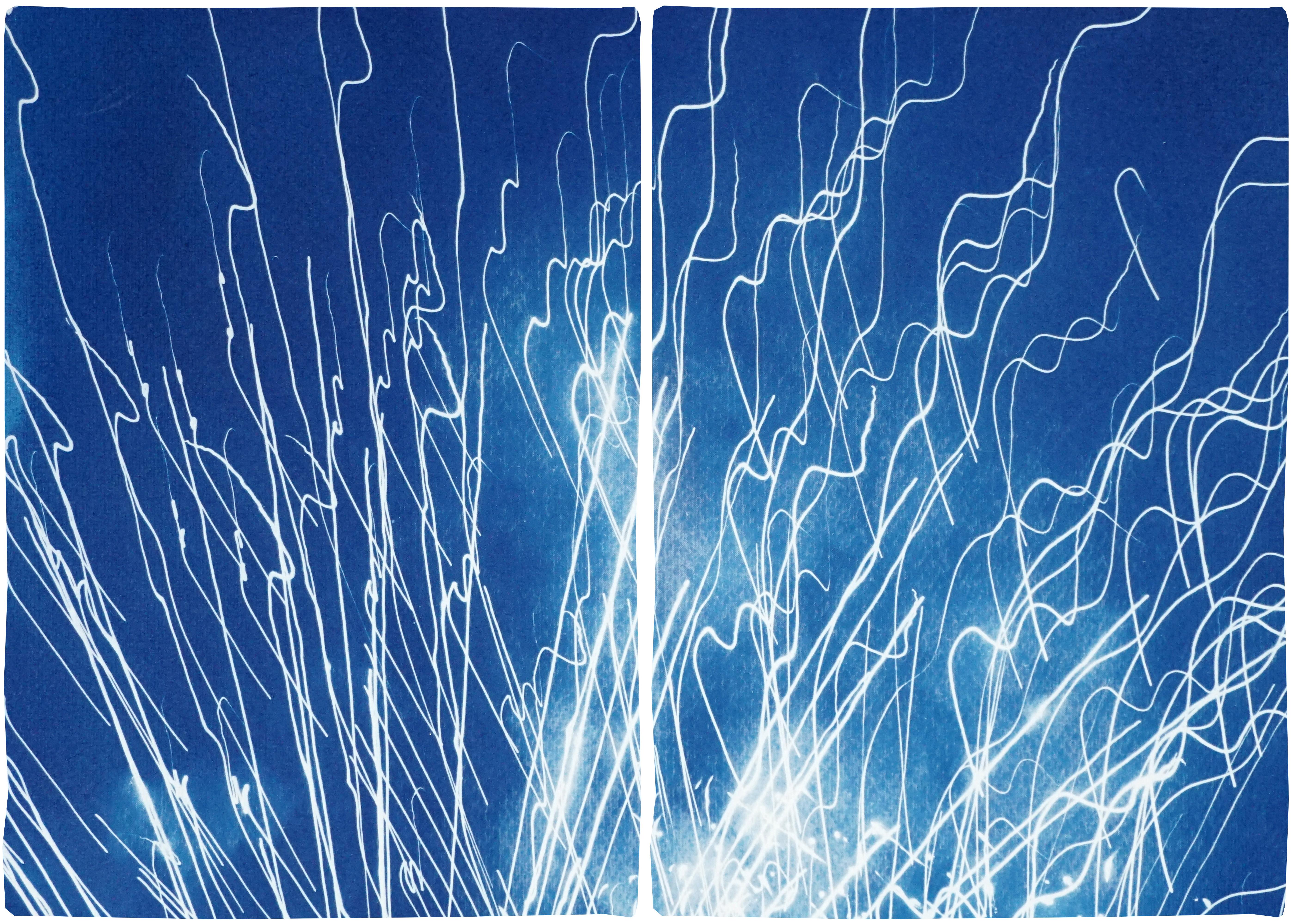Fireworks Lights in Sky Blue Diptych, Handmade Cyanotype on Watercolor Paper, 