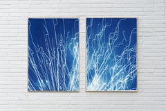 Fireworks Lights in The Sky Blue Diptych, Handmade Cyanotype, Watercolor Paper