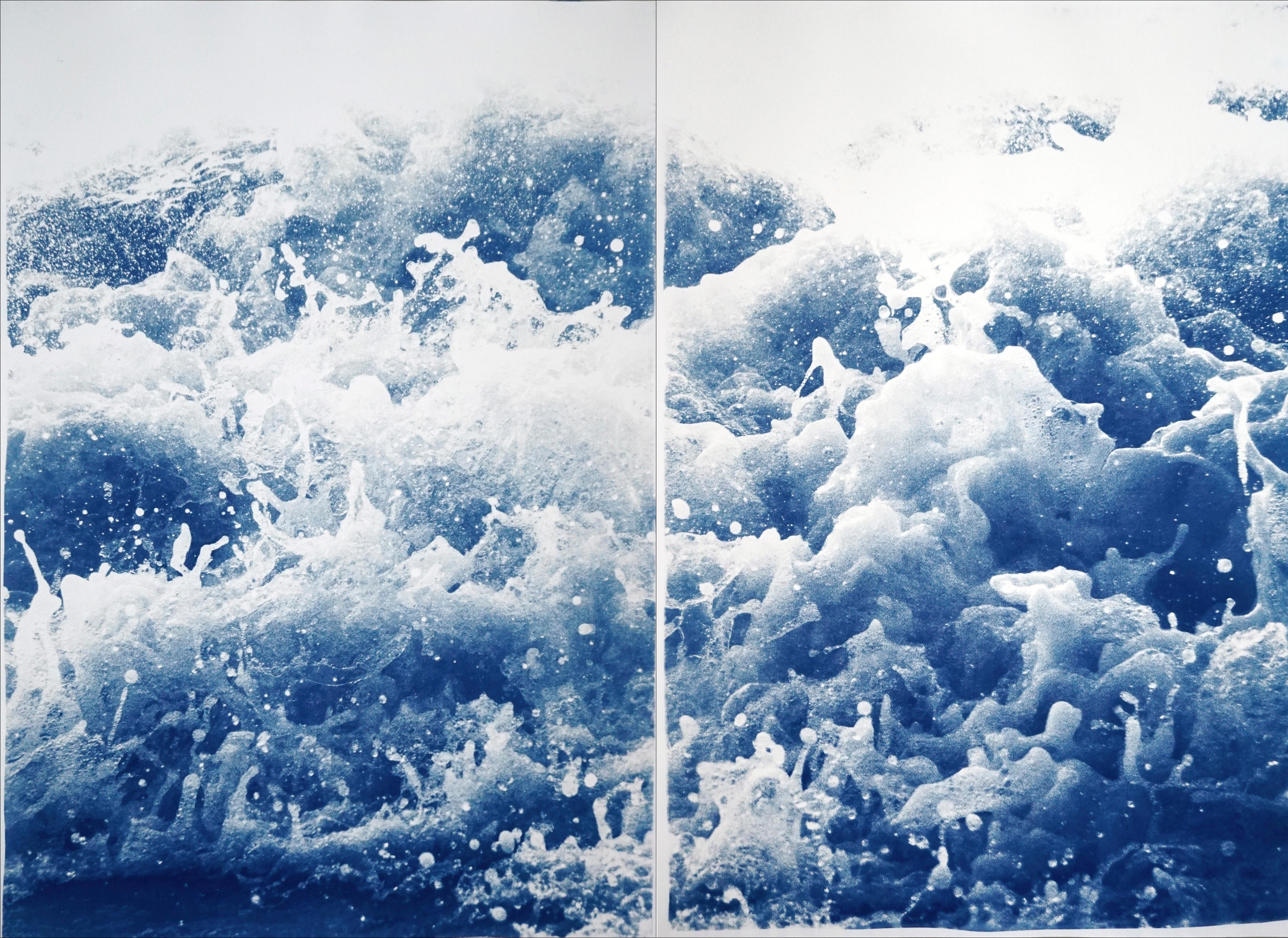 Kind of Cyan Landscape Art - Tempestuous Tidal in Blue, Stormy Seascape Diptych, Cyanotype Print, Duo, Blue