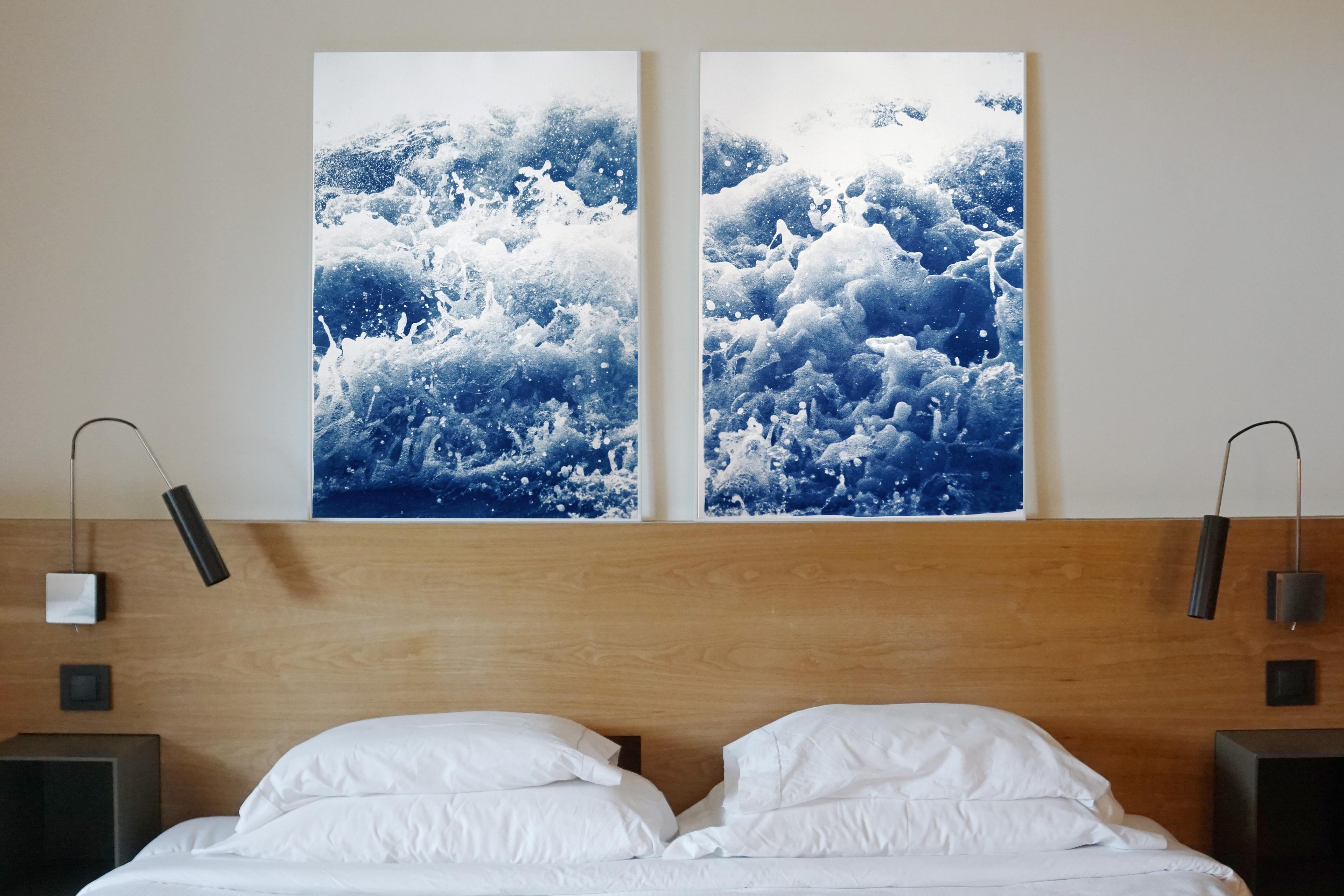 Tempestuous Tidal in Blue, Stormy Seascape Diptych, Cyanotype Print, Duo, Blue - Photorealist Art by Kind of Cyan