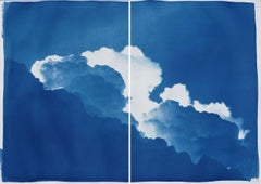 Azure Clouds, Cyanotype Diptych Skyscape on Paper, Springtime Blue Clouds 