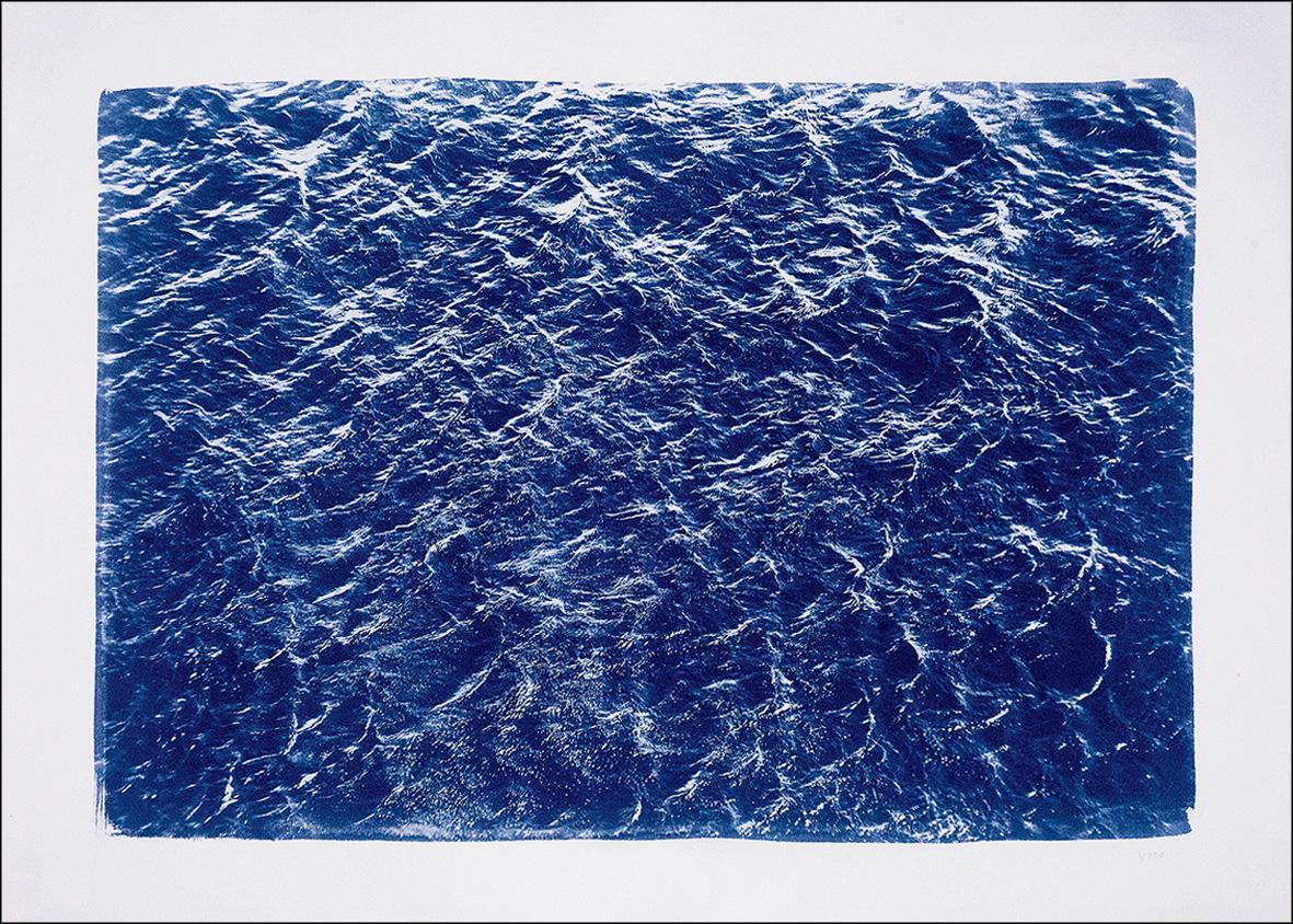 Kind of Cyan Abstract Drawing - Pacific Ocean Currents, Handmade Cyanotype Seascape in Blue, Waves Landscape 
