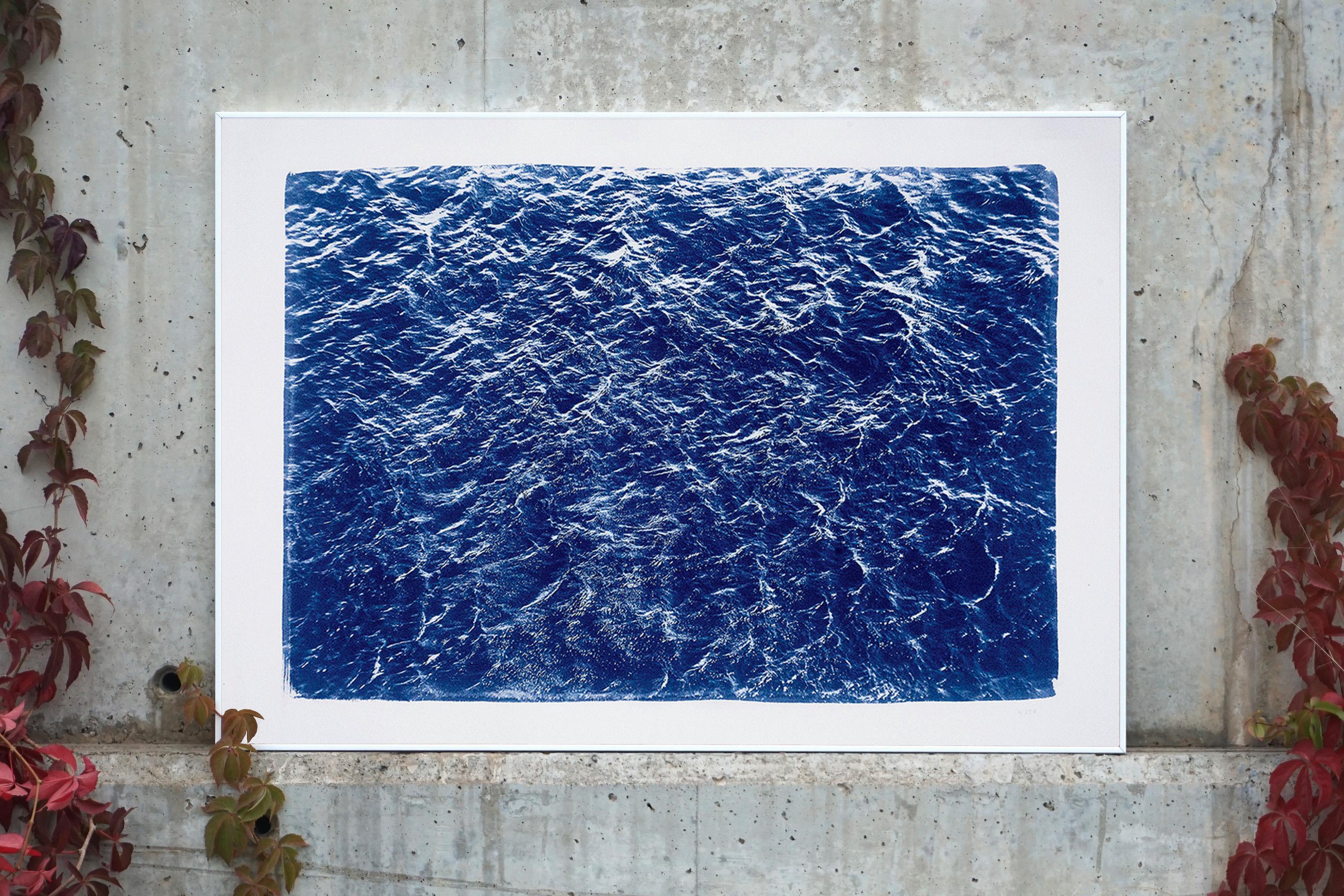 Pacific Ocean Currents, Handmade Cyanotype Seascape in Blue, Waves Landscape  - Purple Abstract Drawing by Kind of Cyan
