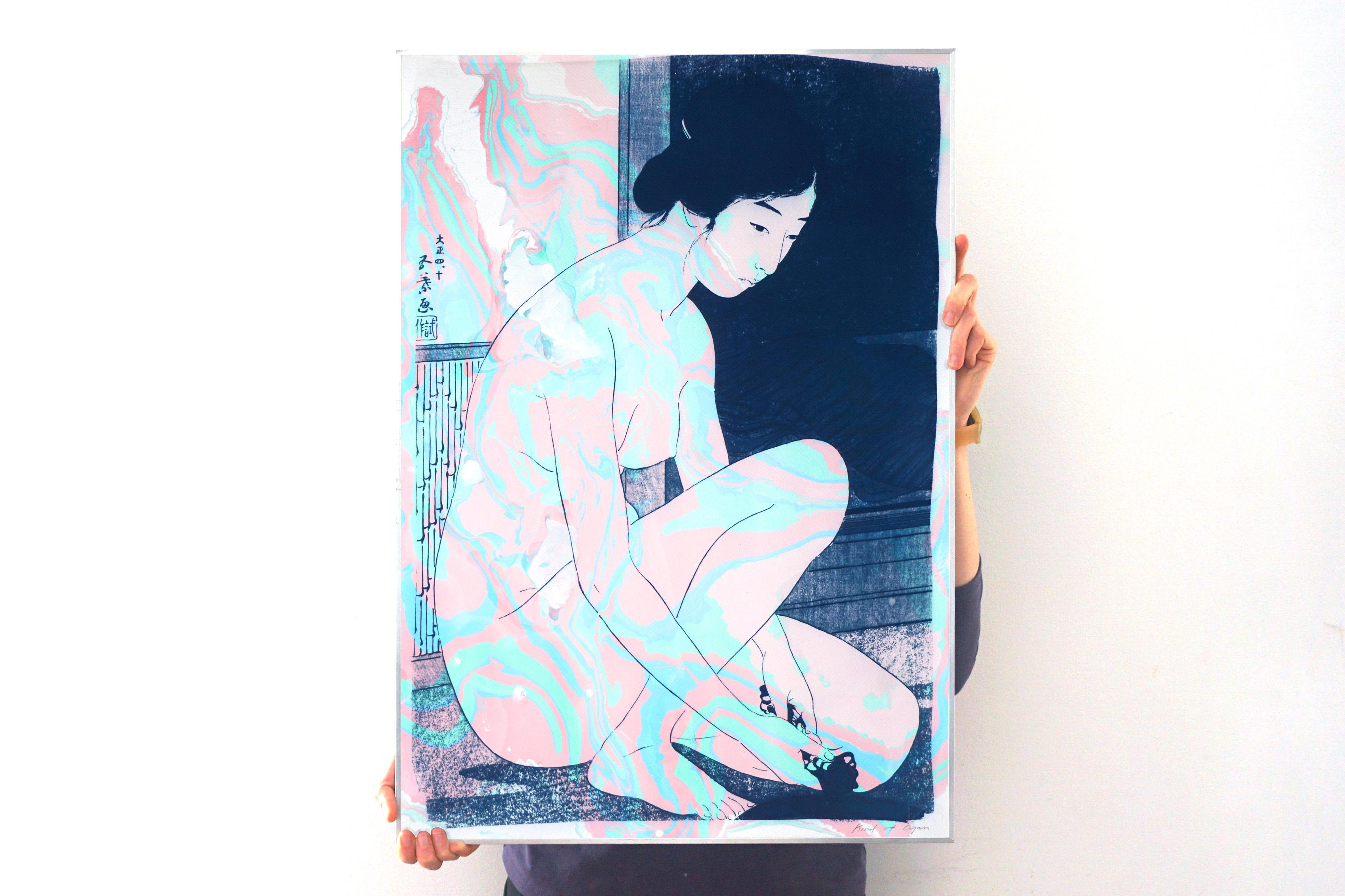 Traditional Japanese Scene, Geisha Nude, Ukiyo-e Style, Mixed Media Marbling 4