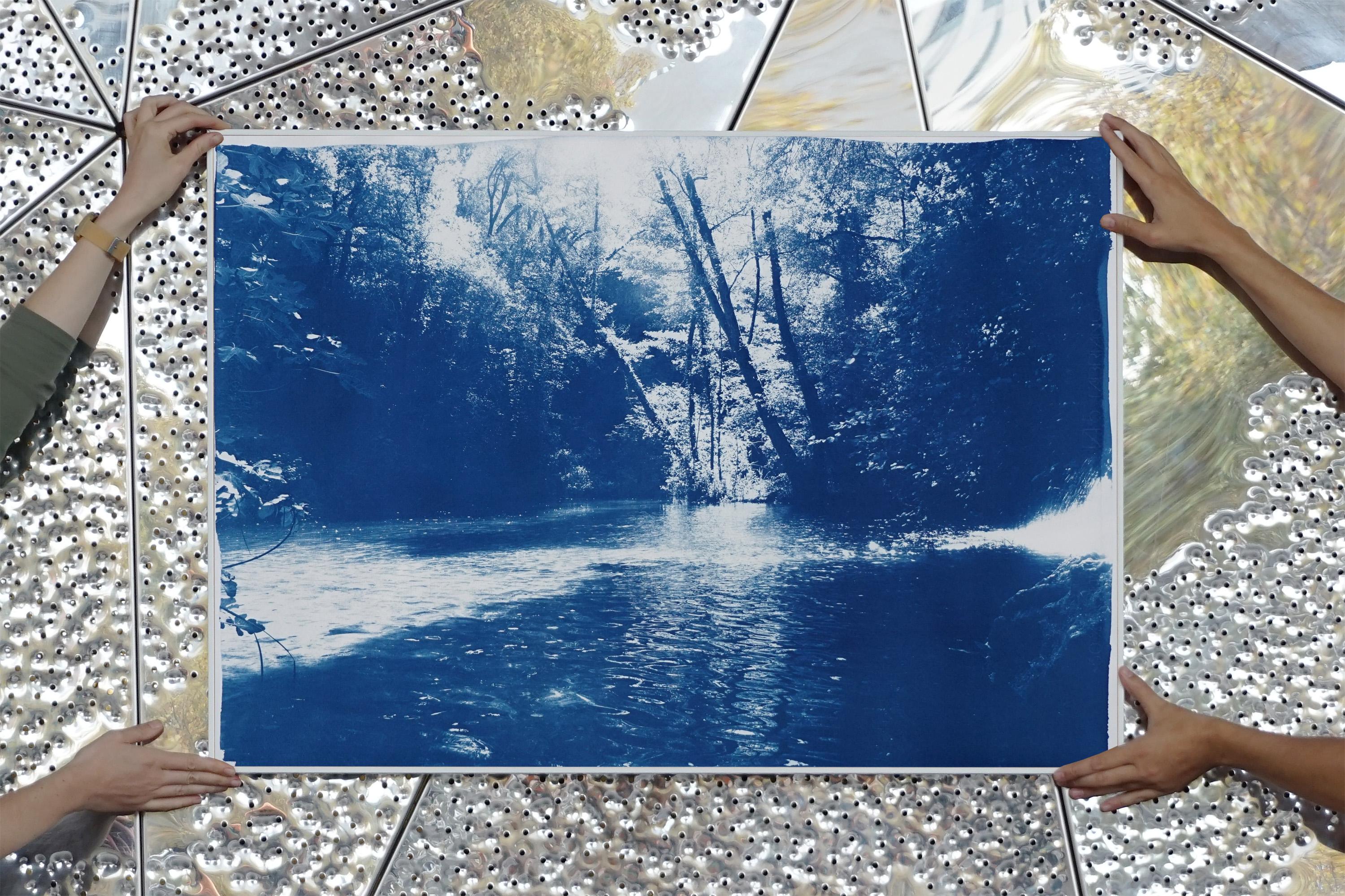 Paysage romantique de forêt enchantée scandinave, grand cyanotype imprimé de lac en vente 3