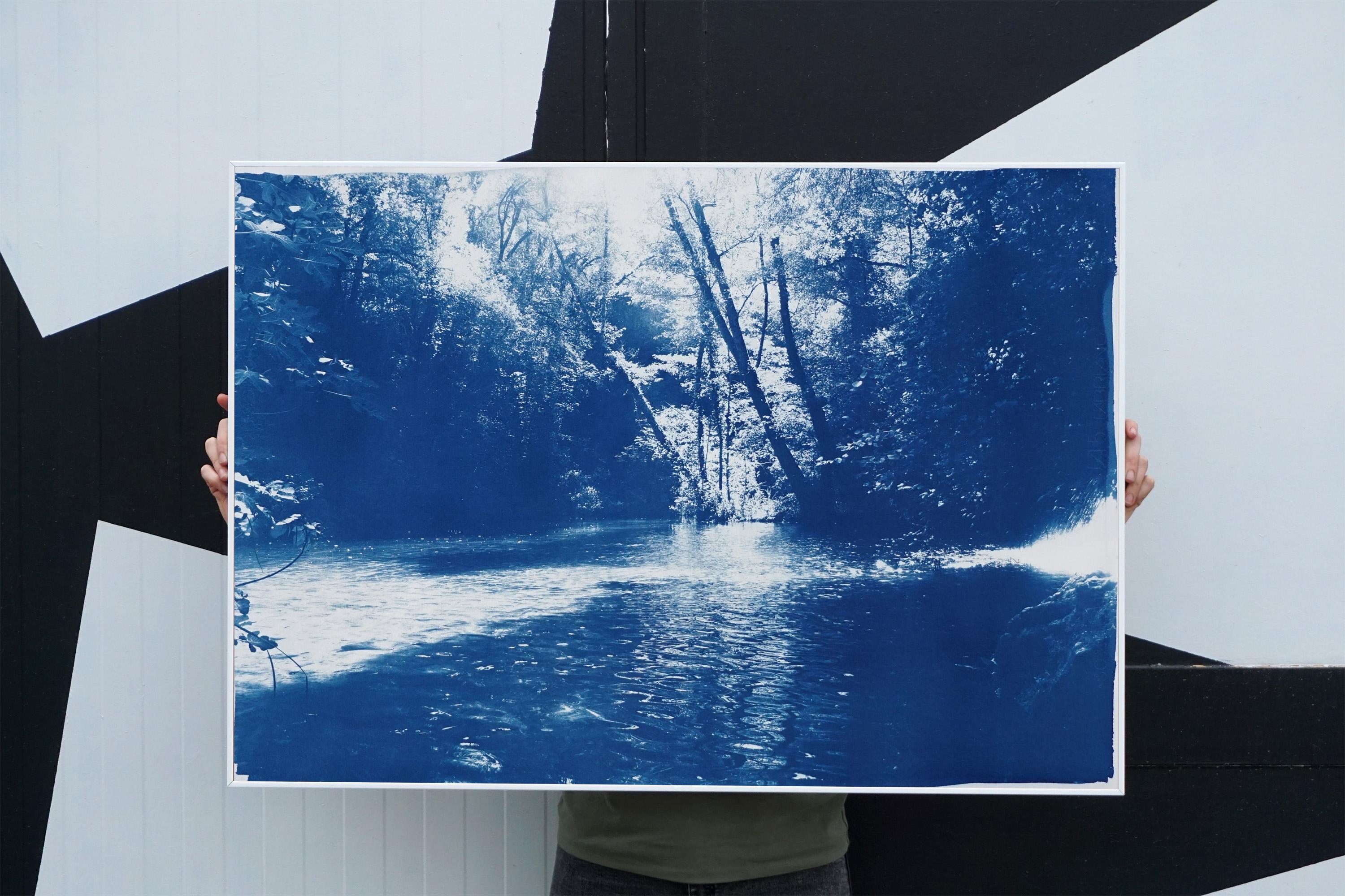 Romantic Landscape of Scandinavian Enchanted Forest, Large Lake Print Cyanotype For Sale 2