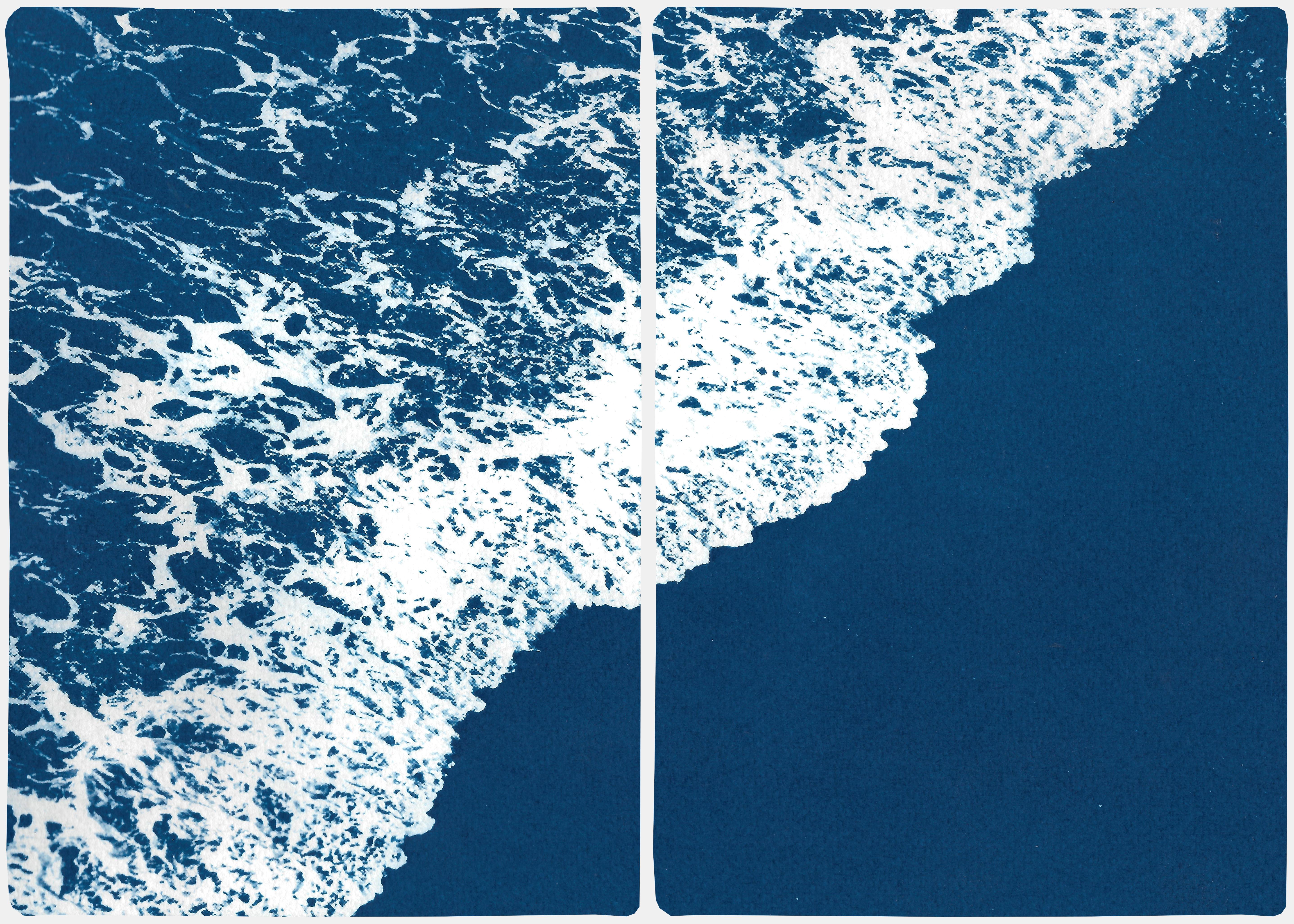 Kind of Cyan Landscape Art - Nautical Diptych of Deep Blue Sandy Shore, Original Cyanotype, Calming Seascape