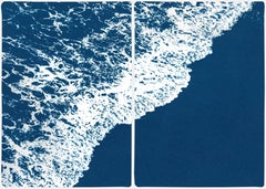 Nautical Diptych of Deep Blue Sandy Shore, Original Cyanotype, Calming Seascape