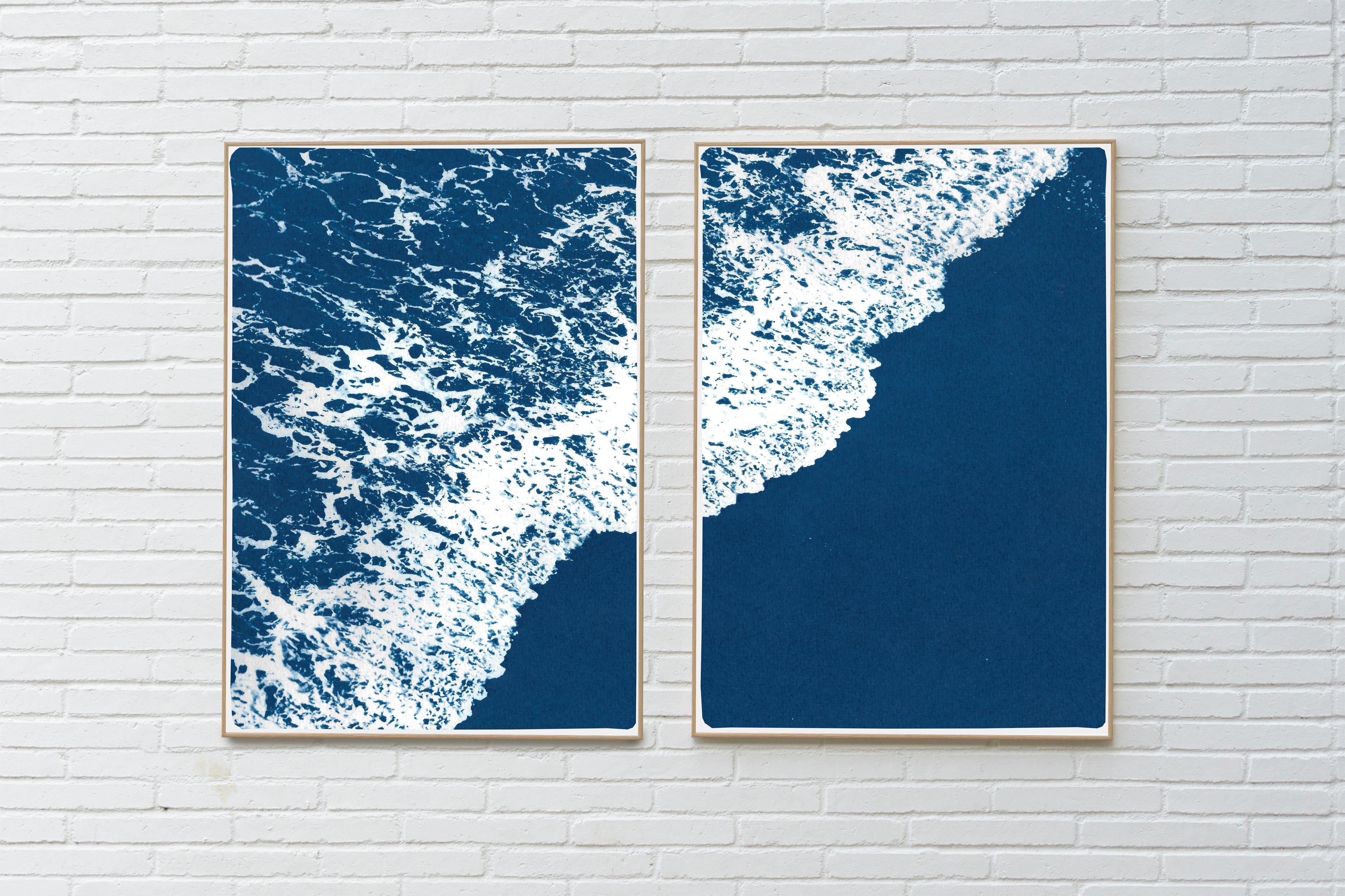 Nautical Diptych of Deep Blue Sandy Shore, Original Cyanotype, Calming Seascape For Sale 2