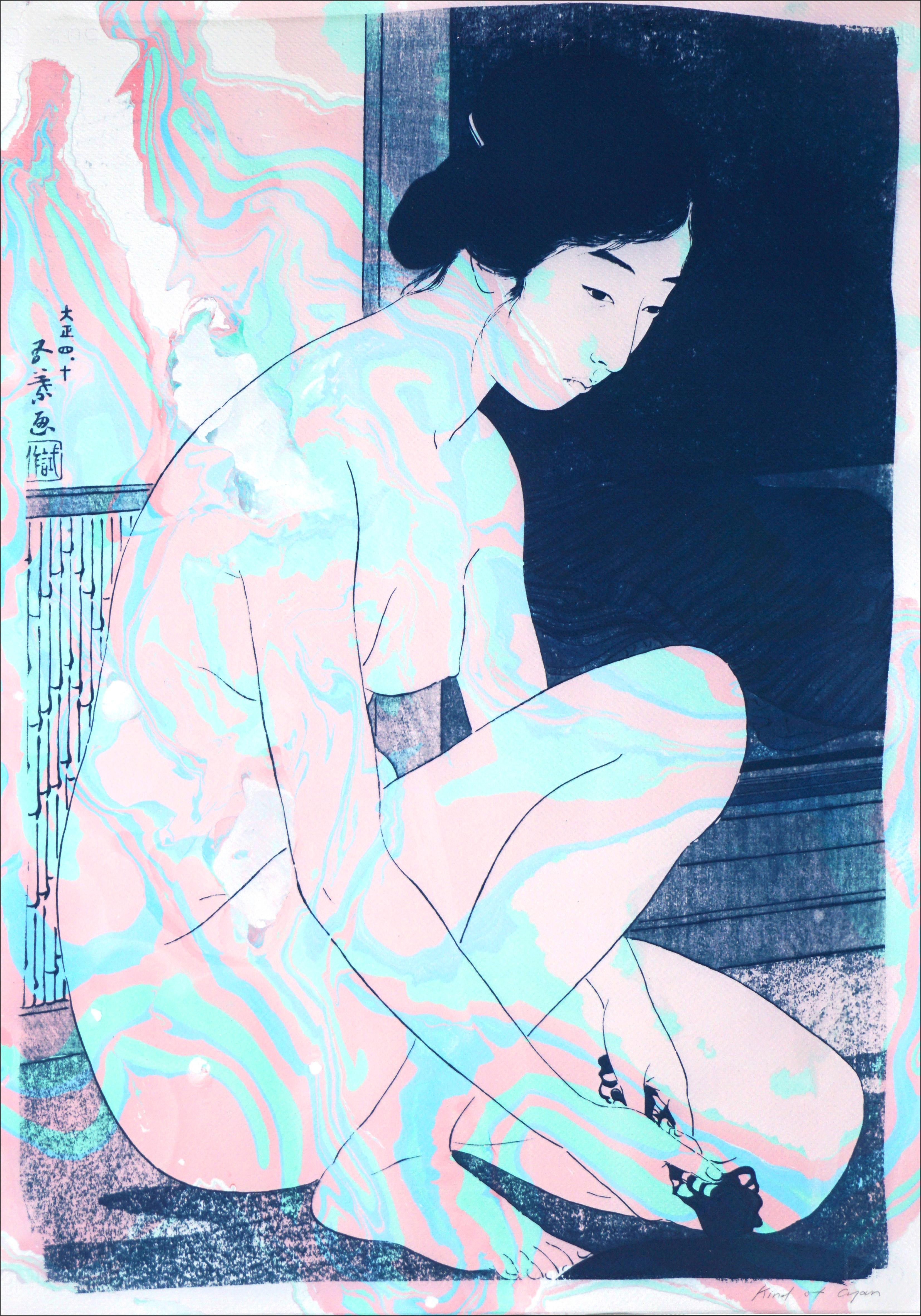 Kind of Cyan Nude Print - Traditional Japanese Scene, Geisha Nude, Ukiyo-e Style, Mixed Media Marbling