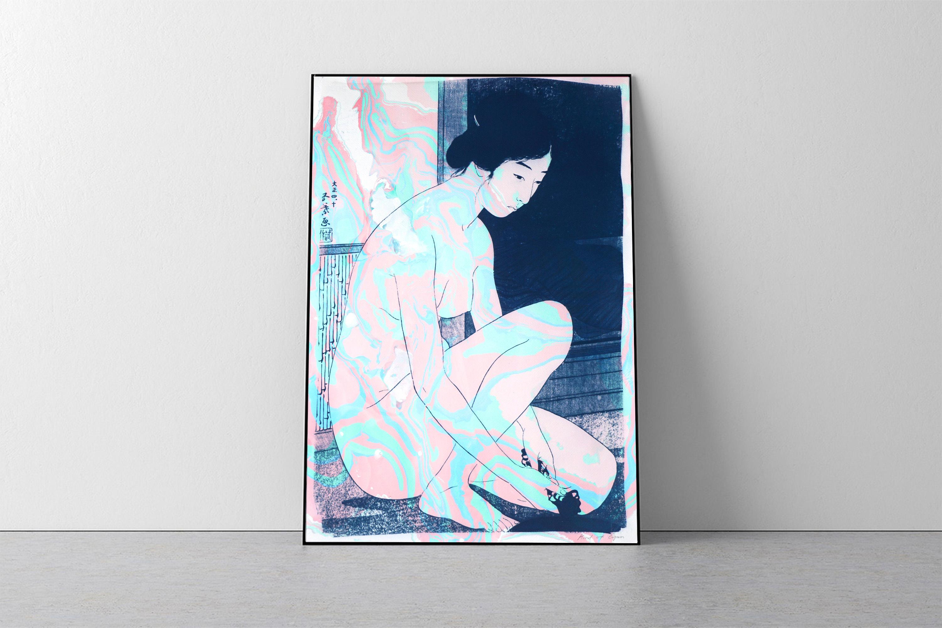 Traditional Japanese Scene, Geisha Nude, Ukiyo-e Style, Mixed Media Marbling - Print by Kind of Cyan