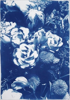 Botanical Cyanotype, Blue Flower Bouquet, Large Wild Roses Cyanotype, Watercolor