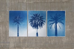Blue Triptych of Trio of Palms, Tropical Botanical Cyanotype, Watercolor Paper