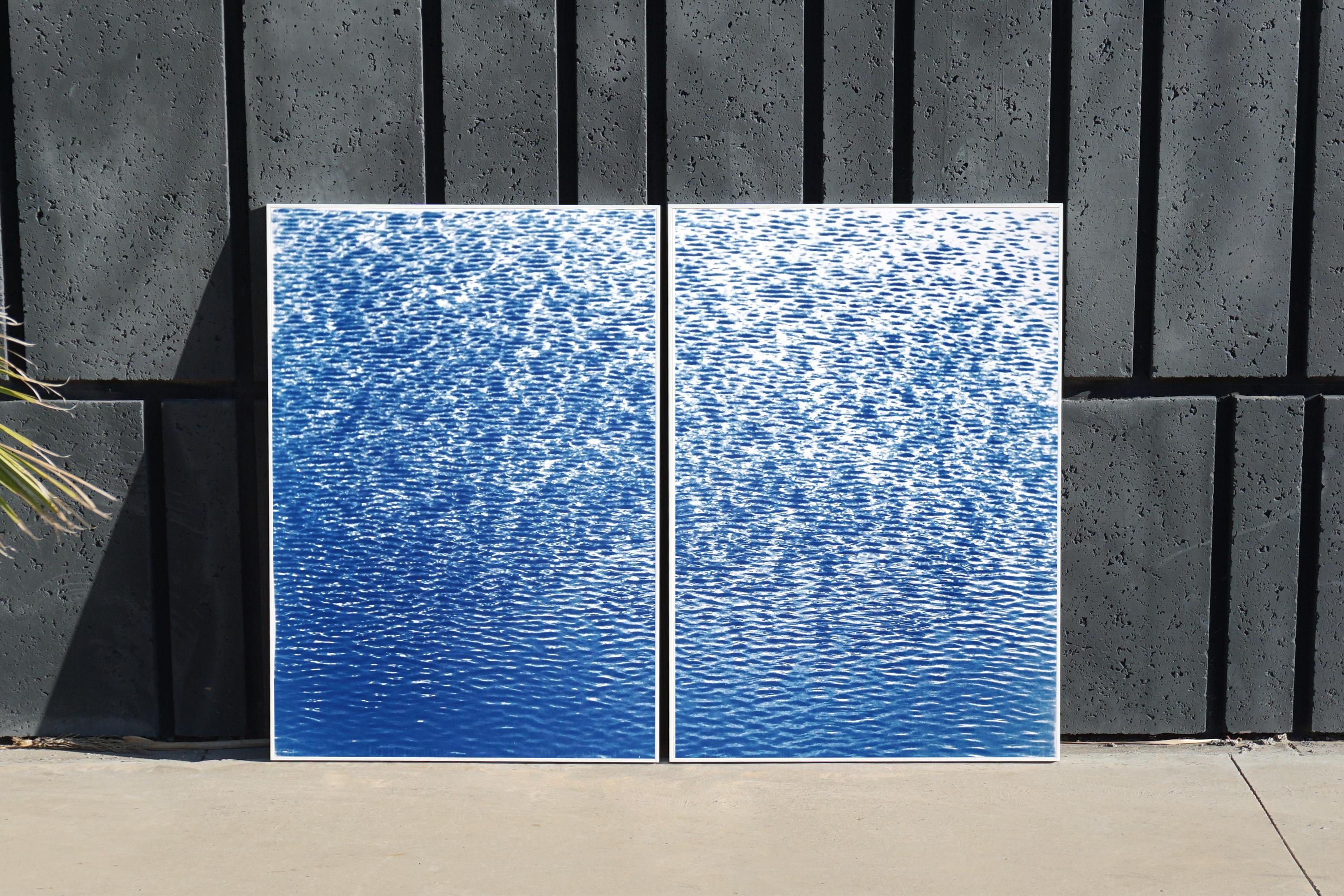 Serene Cove Ripples, Mediterranean Seascape Diptych in Blue & White, Cyanotype - Art by Kind of Cyan