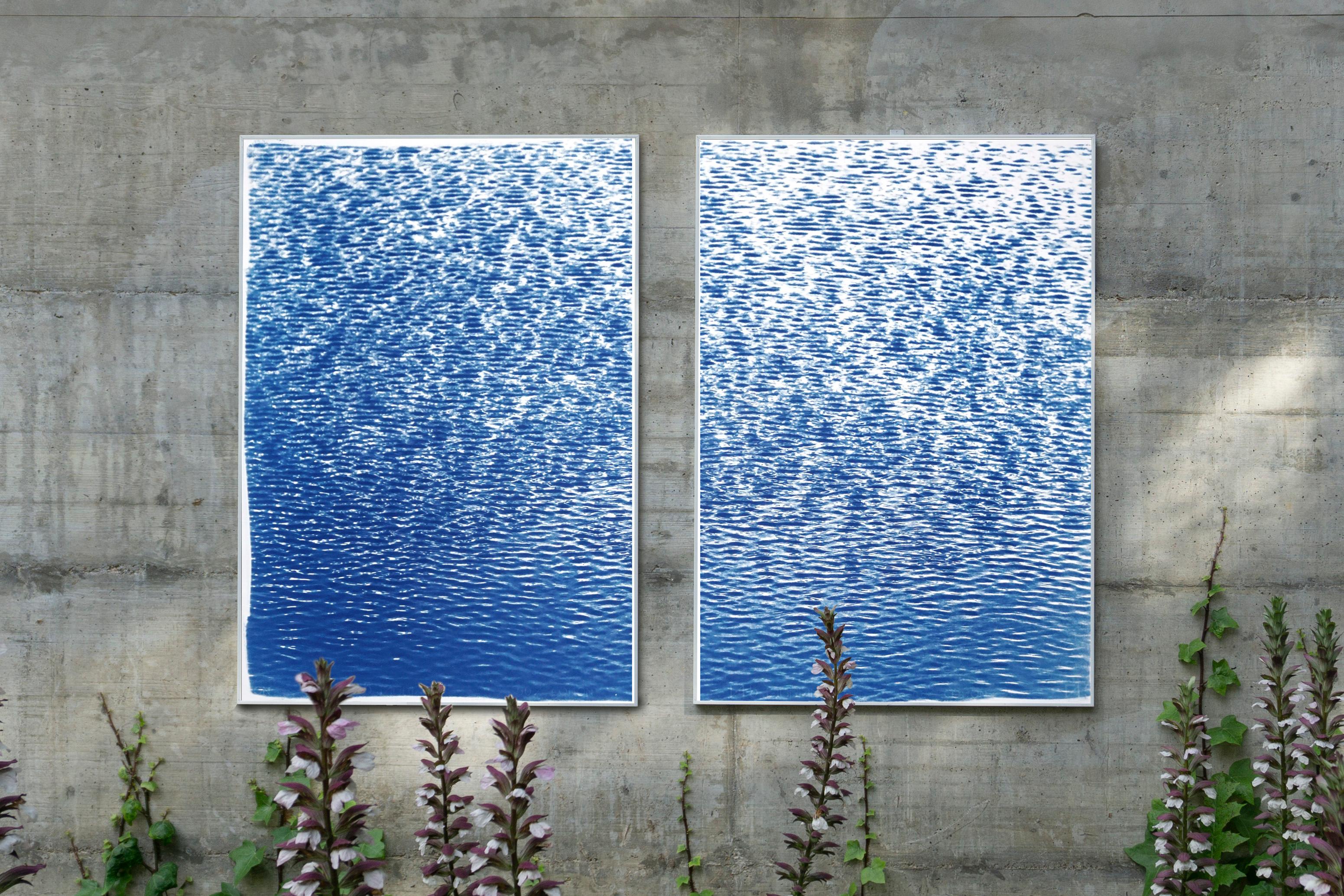 Serene Cove Ripples, Mediterranean Seascape Diptych in Blue & White, Cyanotype - Abstract Art by Kind of Cyan