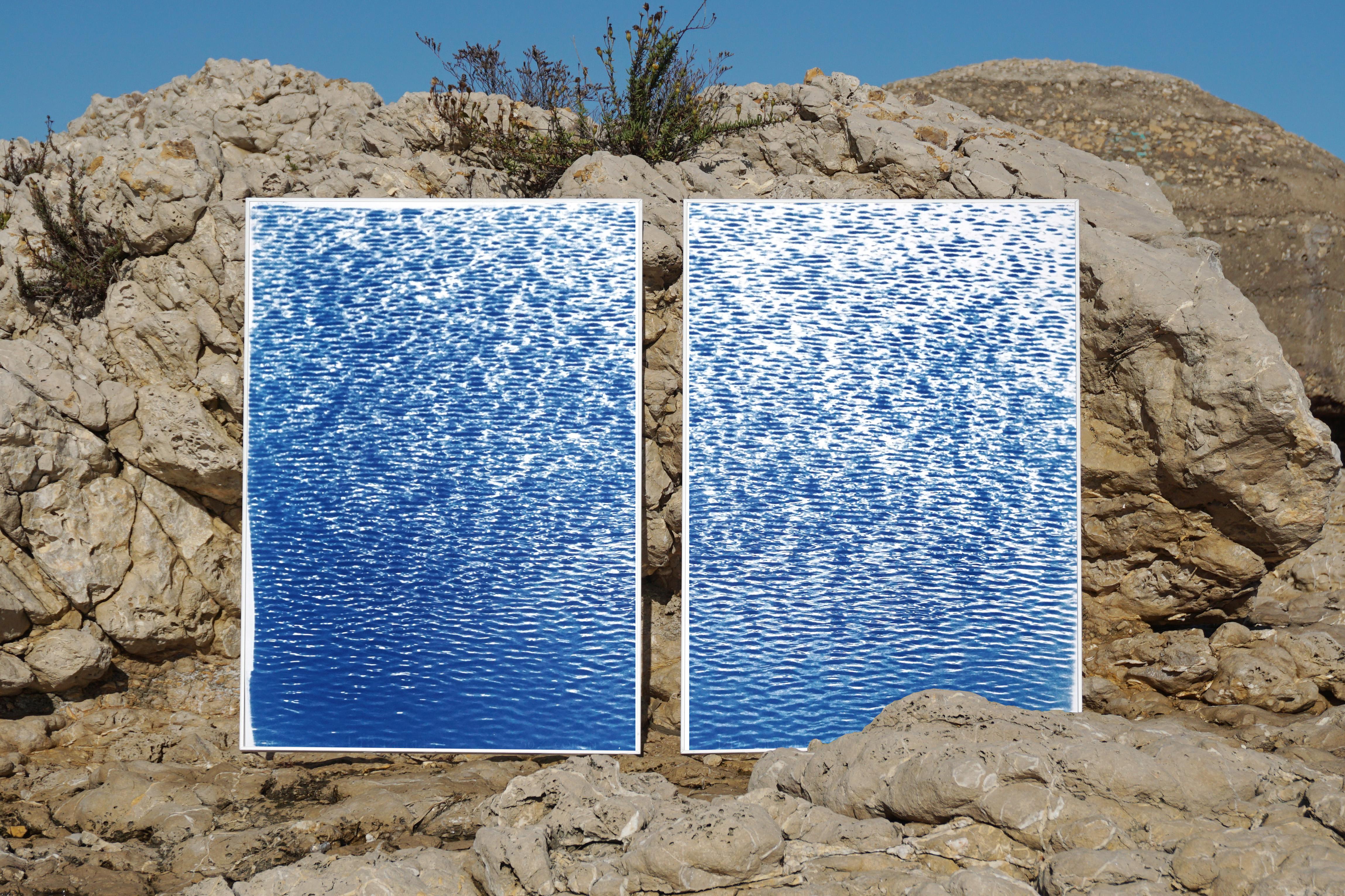 Serene Cove Ripples, Mediterranean Seascape Diptych in Blue & White, Cyanotype For Sale 2