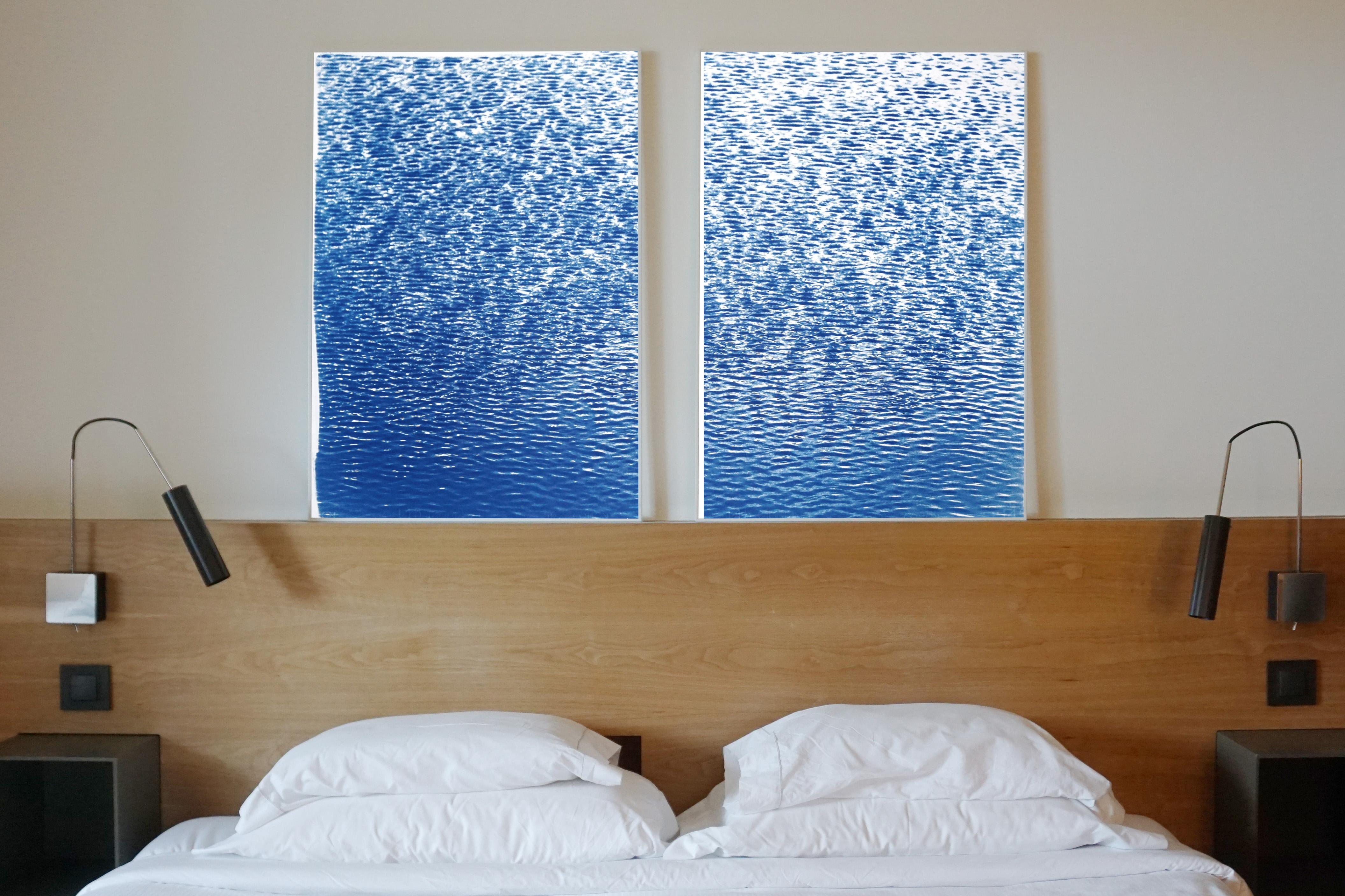 Serene Cove Ripples, Mediterranean Seascape Diptych in Blue & White, Cyanotype For Sale 6