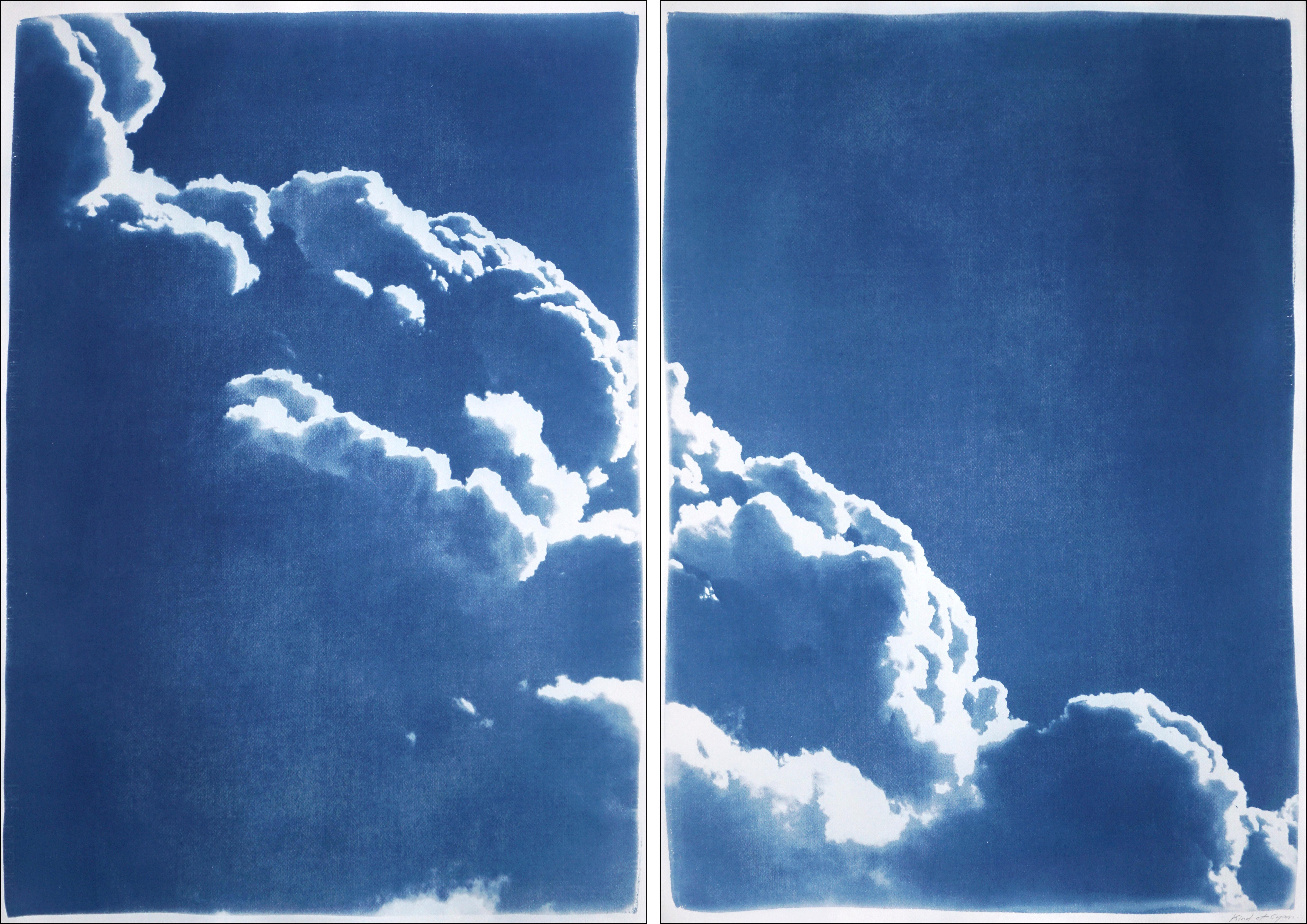 Kind of Cyan Color Photograph - Diptych of Floating Clouds, Blue Tones Sky Scene Cyanotype Print of Silky Shapes
