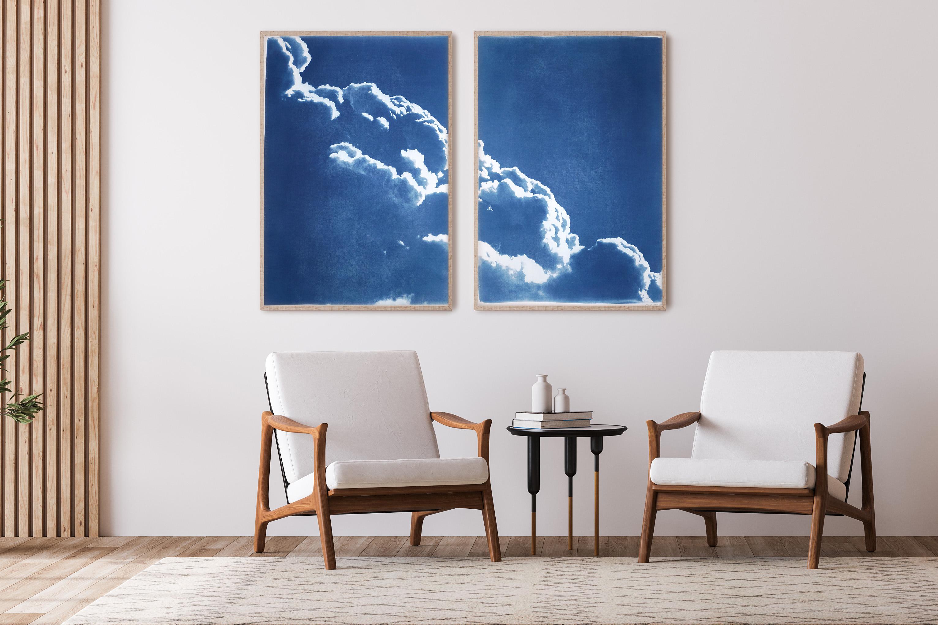 Diptych of Floating Clouds, Blue Tones Sky Scene Cyanotype Print of Silky Shapes - Photograph by Kind of Cyan