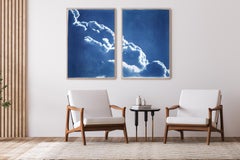 Foamy Clouds Diptych in Blue, Stormy Sky Scene, Handmade Cyanotype Print, Paper