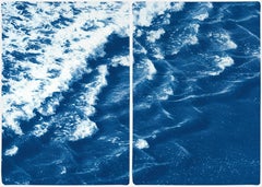 Blue Rolling Waves off Sidney, Seascape Diptych Cyanotype, Australian Coast Surf