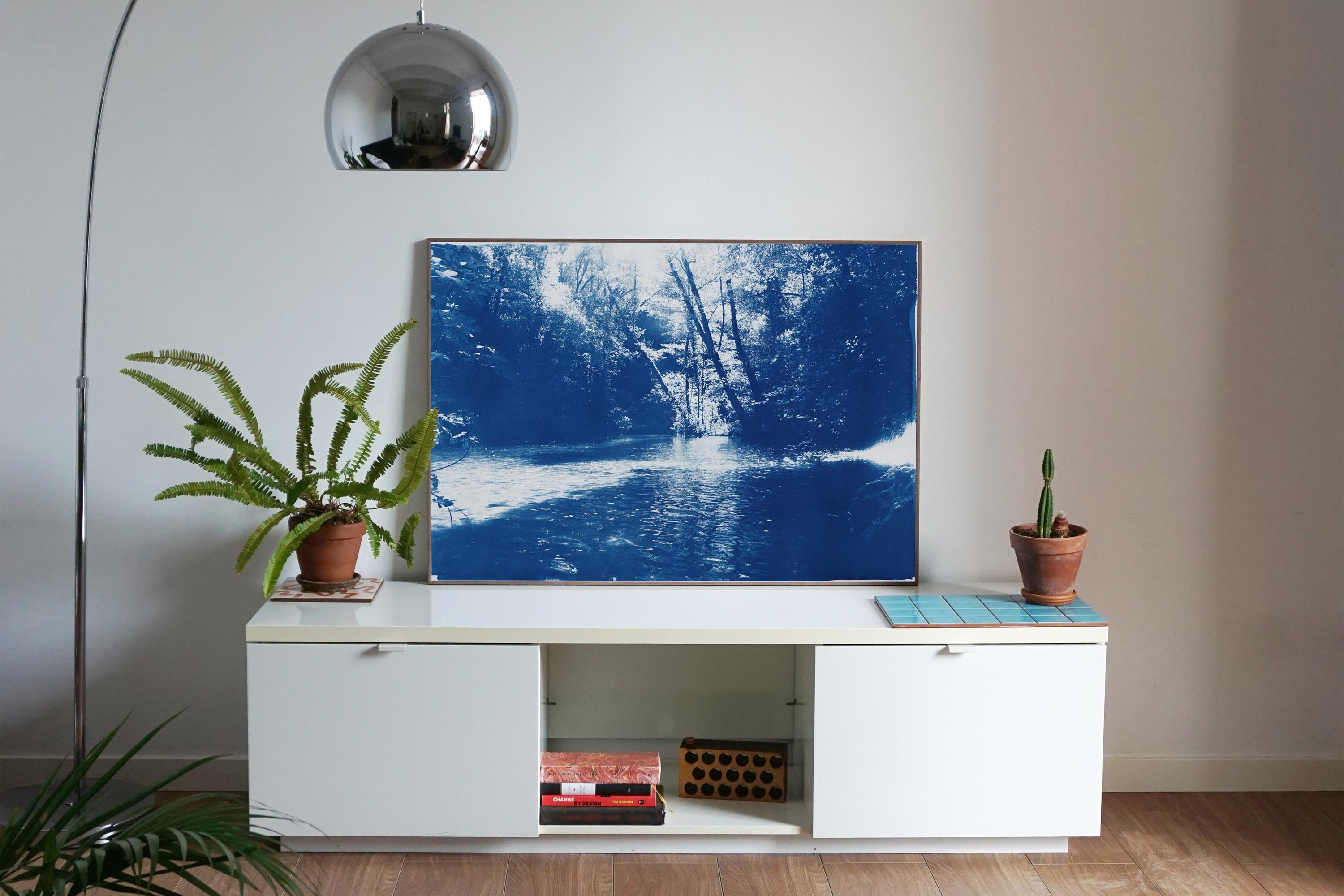 Romantic Landscape of Scandinavian Enchanted Forest, Large Lake Print Cyanotype For Sale 1