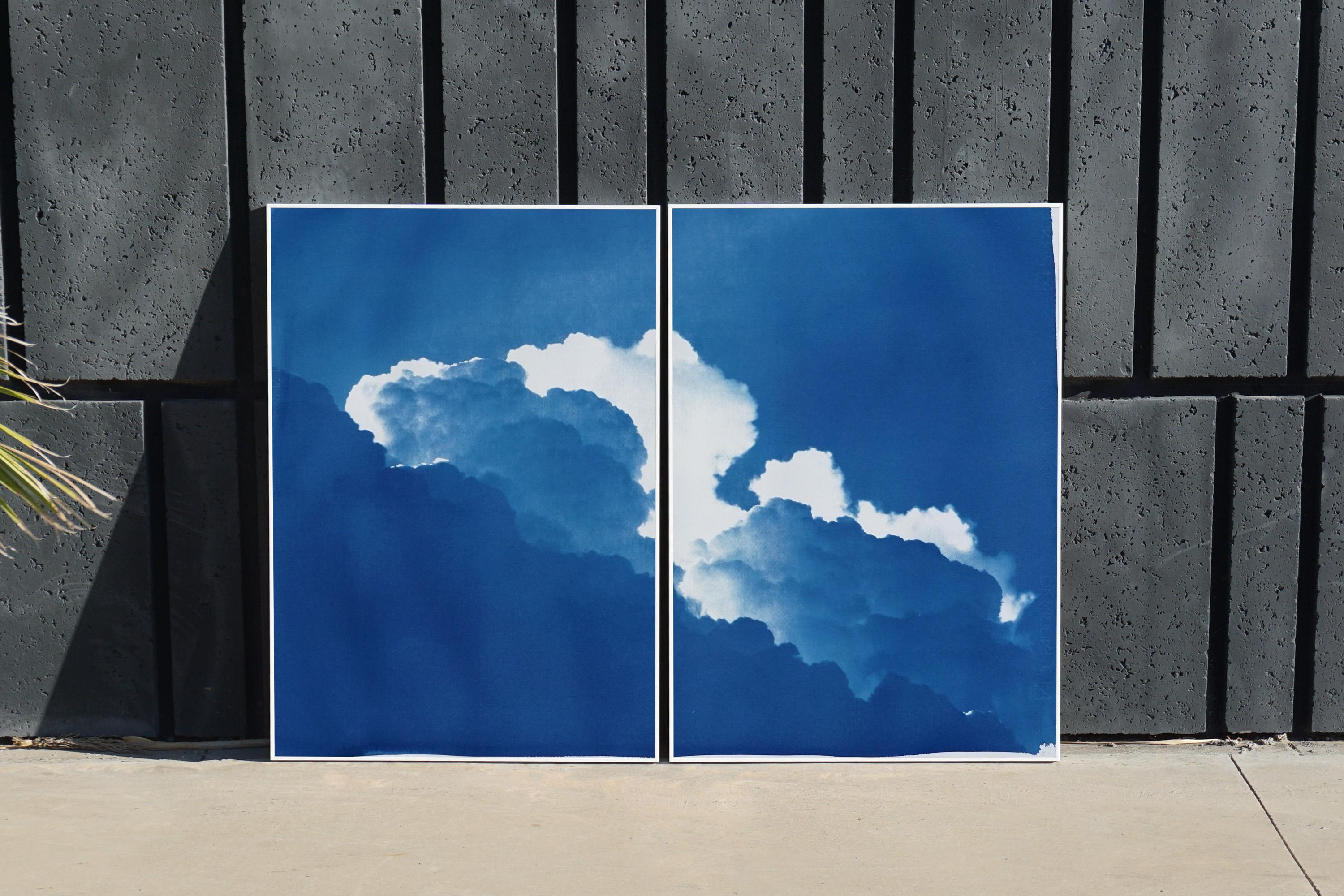 Azure Clouds Diptych, Handmade Cyanotype Print on Watercolor Paper, Skyscape - Realist Art by Kind of Cyan