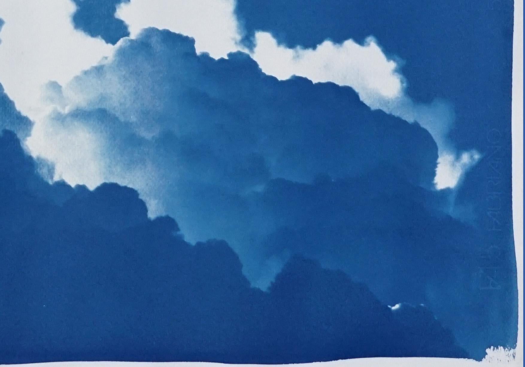 Azure Clouds Diptych, Handmade Cyanotype Print on Watercolor Paper, Skyscape - Blue Landscape Art by Kind of Cyan