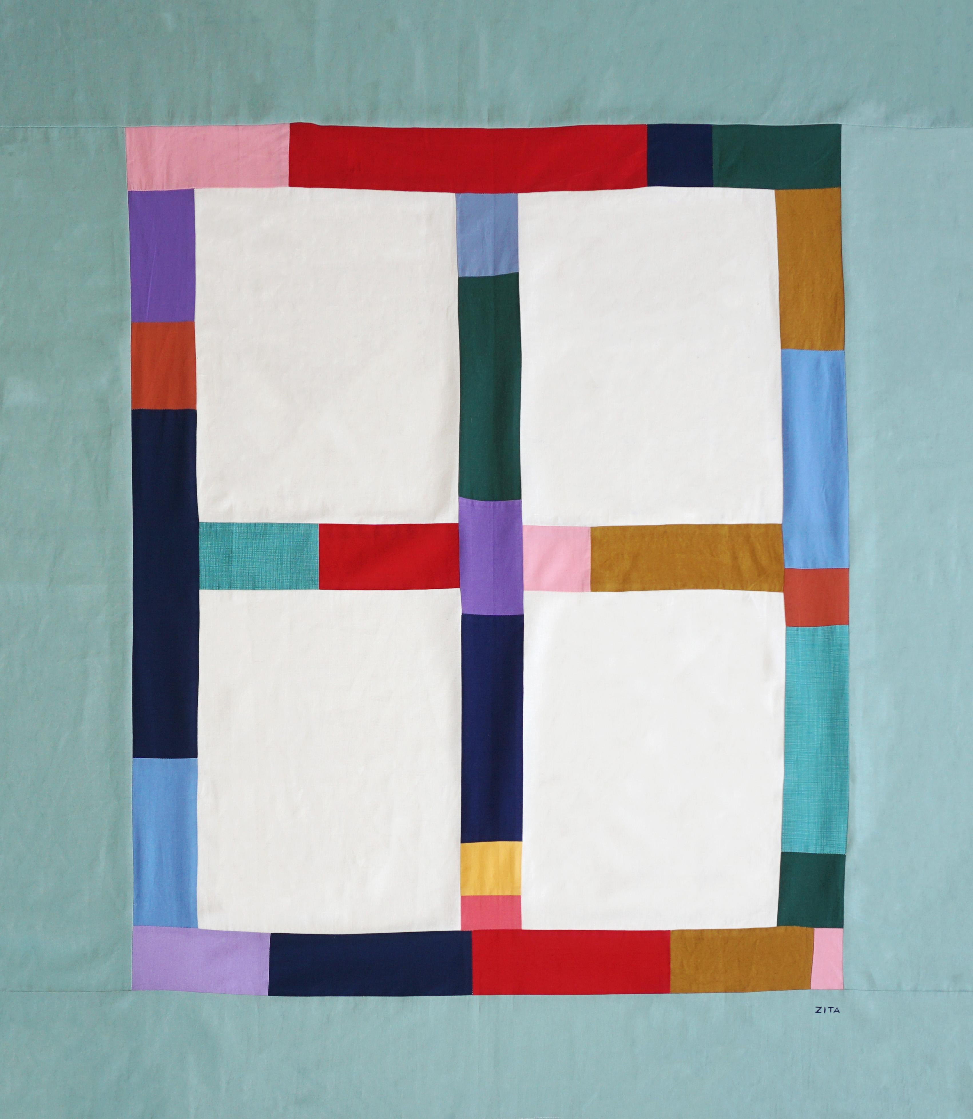 Colorful Indoor Window, Turquoise Constructivist Composition, Textile Art, 2024